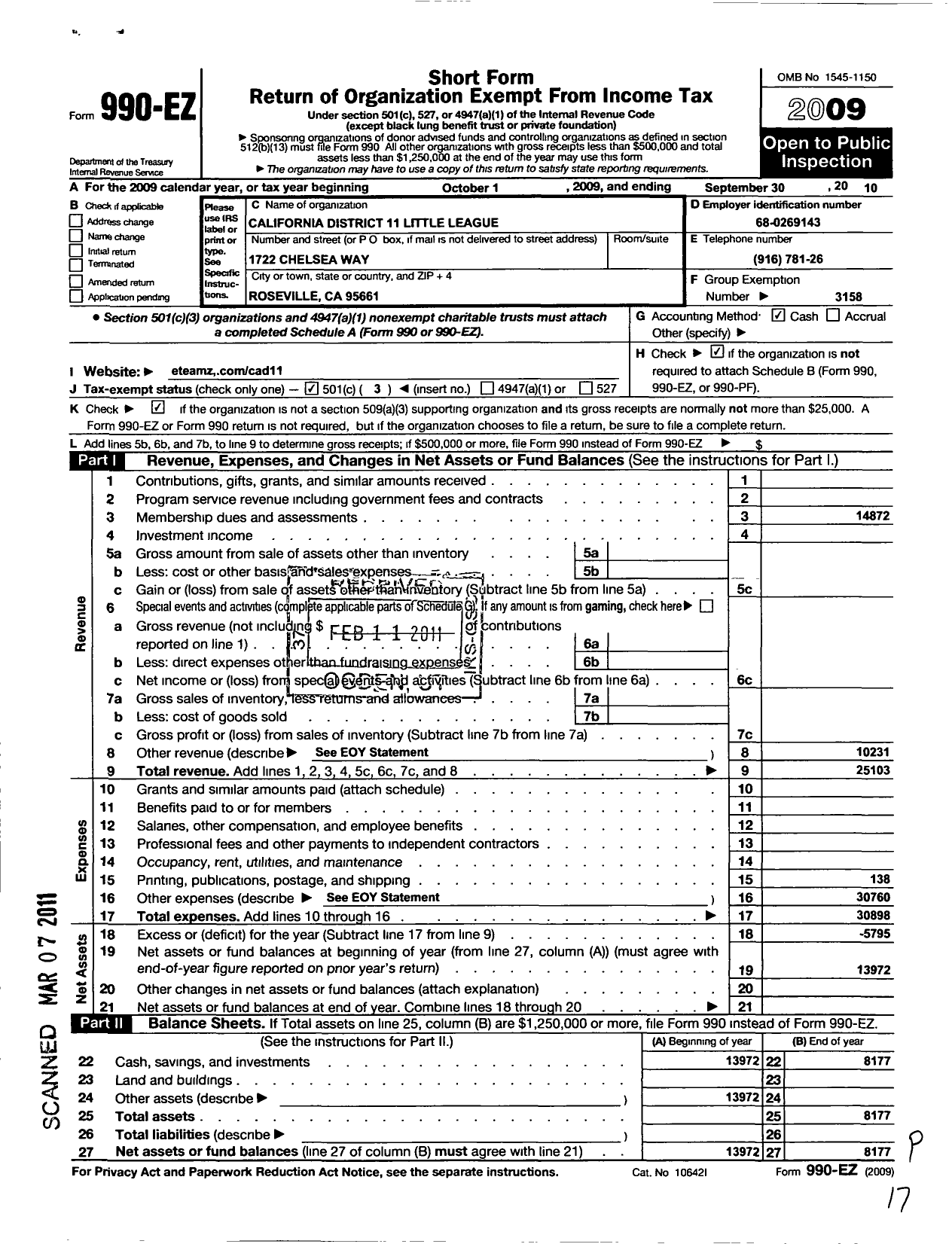 Image of first page of 2009 Form 990EZ for Little League Baseball California District 11