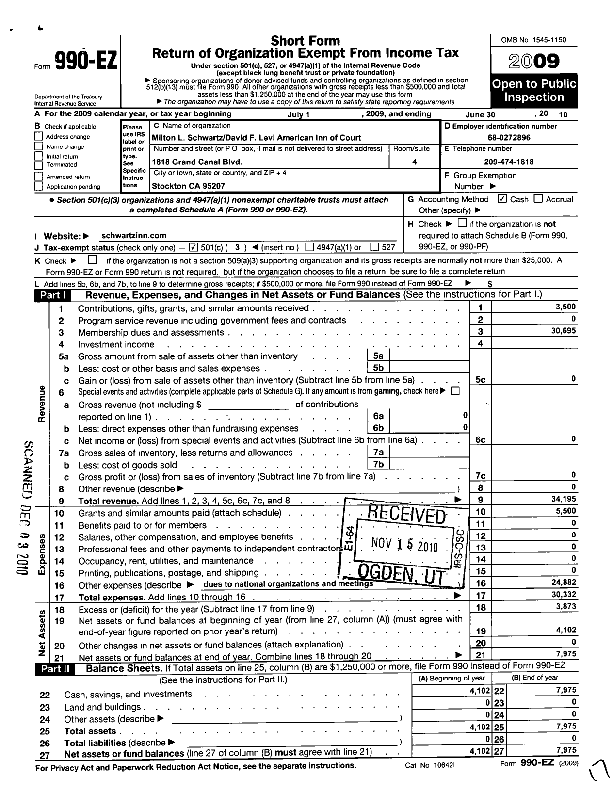 Image of first page of 2009 Form 990EZ for American Inns of Court Foundation - 30163 M L Schwartz D F Levi Chapter