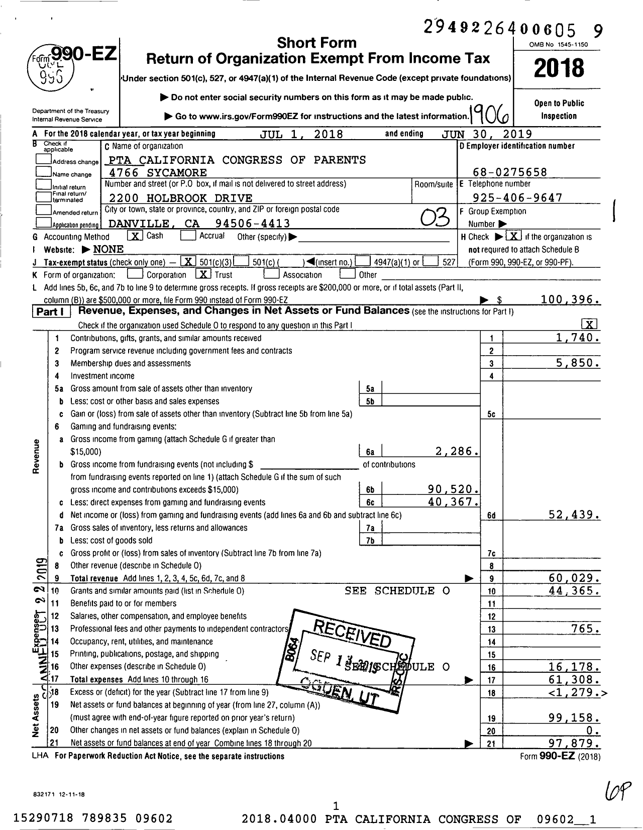 Image of first page of 2018 Form 990EZ for California State PTA - 4766 Sycamore Valley Elementary PTA