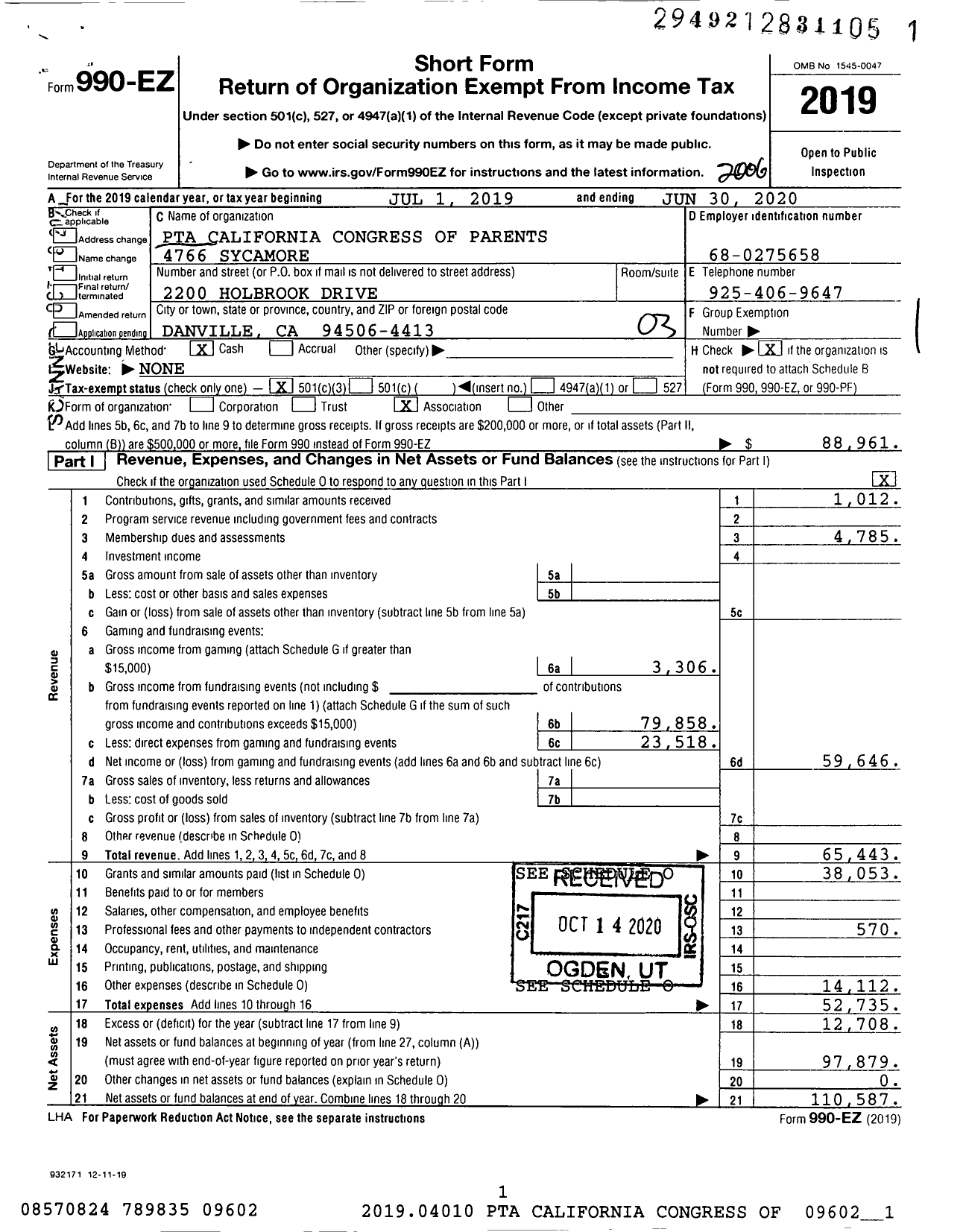 Image of first page of 2019 Form 990EZ for California State PTA - 4766 Sycamore Valley Elementary PTA