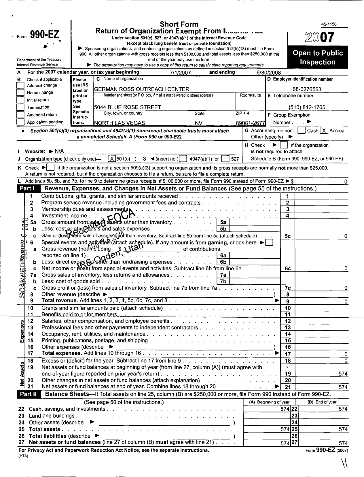 Image of first page of 2007 Form 990EZ for German Ross Outreach Center