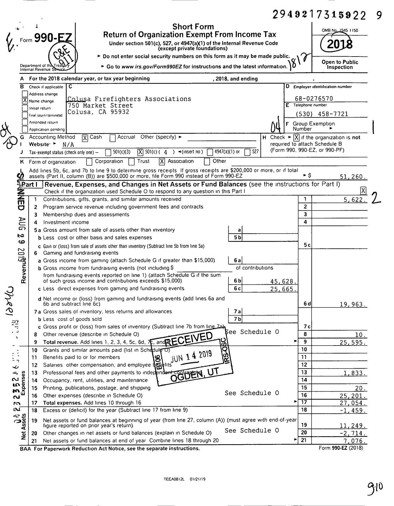 Image of first page of 2018 Form 990EO for Colusa Firefighters Associations