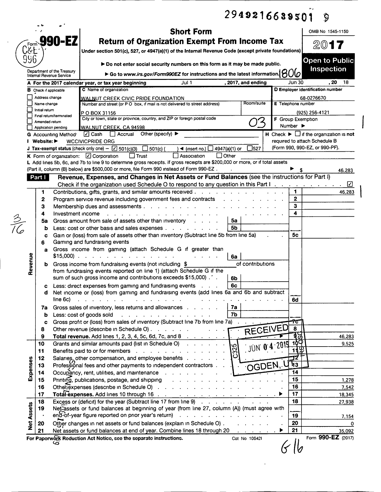 Image of first page of 2017 Form 990EZ for Walnut Creek Civic Pride Foundation