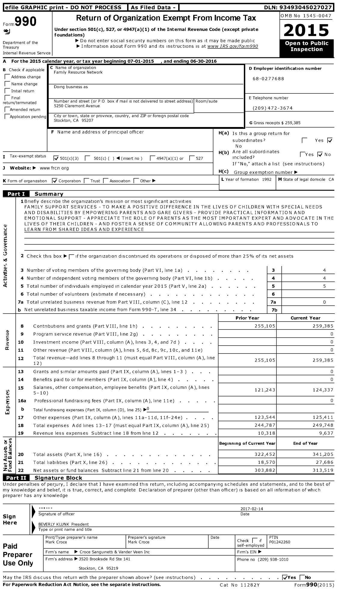 Image of first page of 2015 Form 990 for Family Resource Network