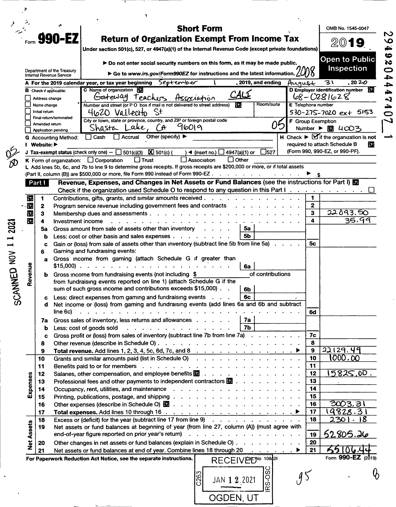 Image of first page of 2019 Form 990EO for CALIFORNIA Teachers Association - Gateway Professional Association