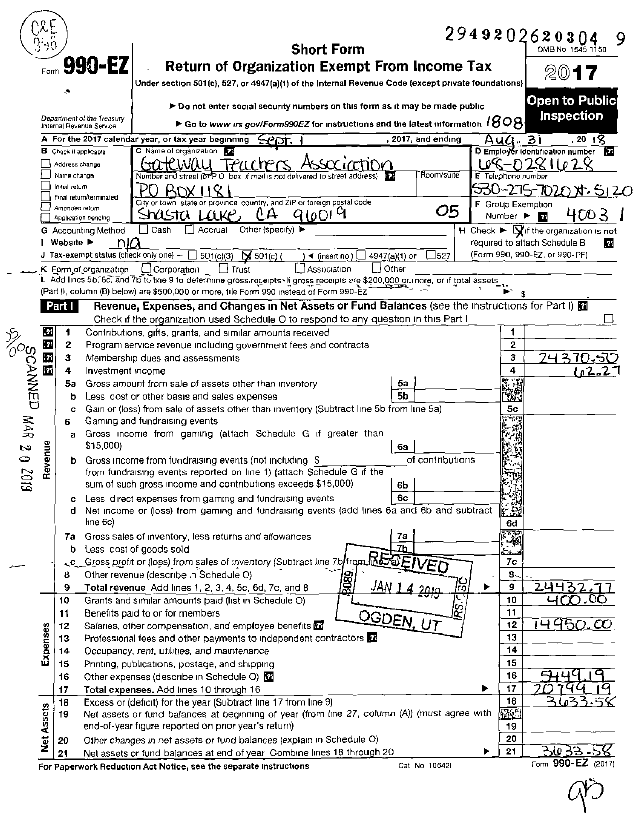 Image of first page of 2017 Form 990EO for CALIFORNIA Teachers Association - Gateway Professional Association