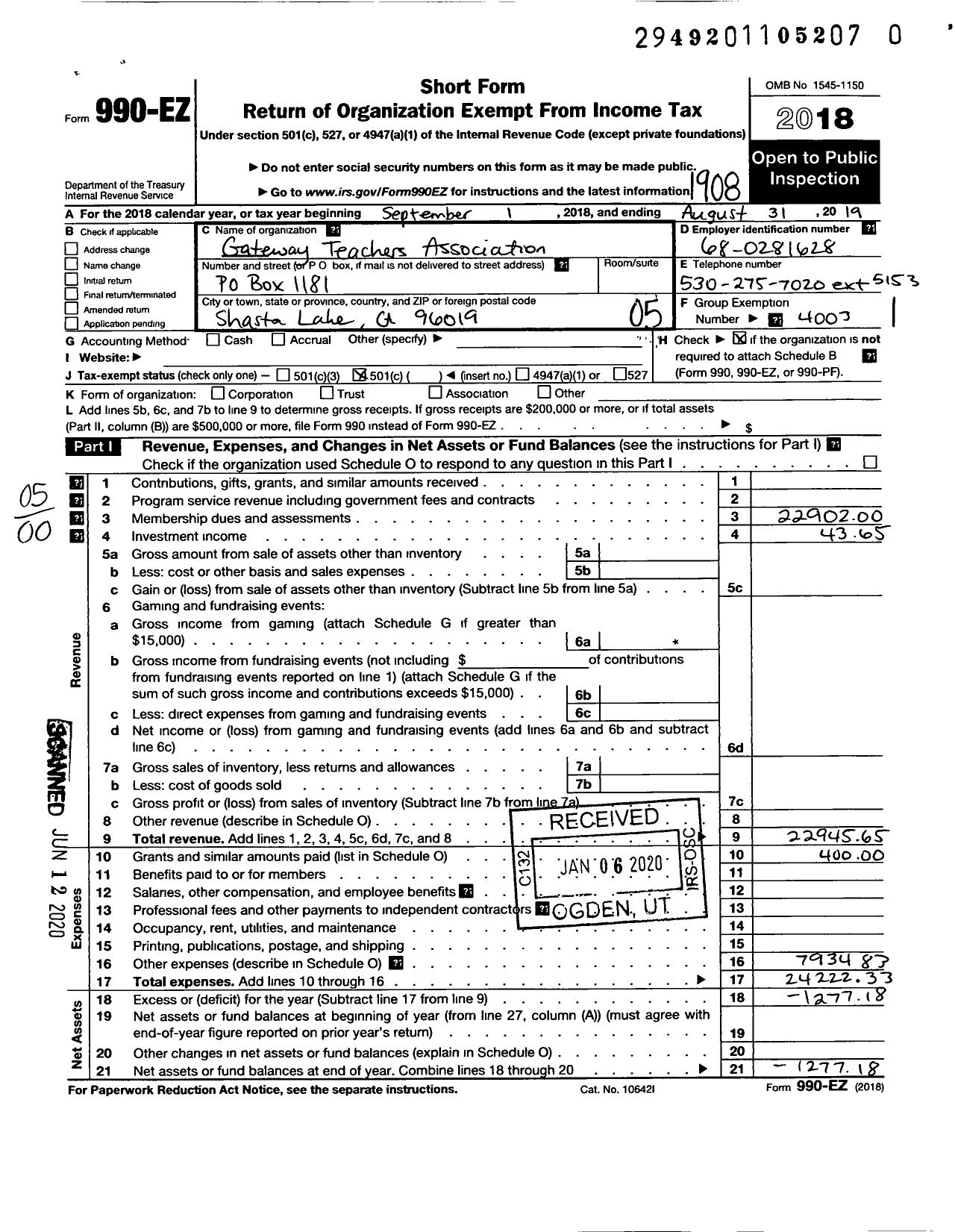 Image of first page of 2018 Form 990EO for CALIFORNIA Teachers Association - Gateway Professional Association