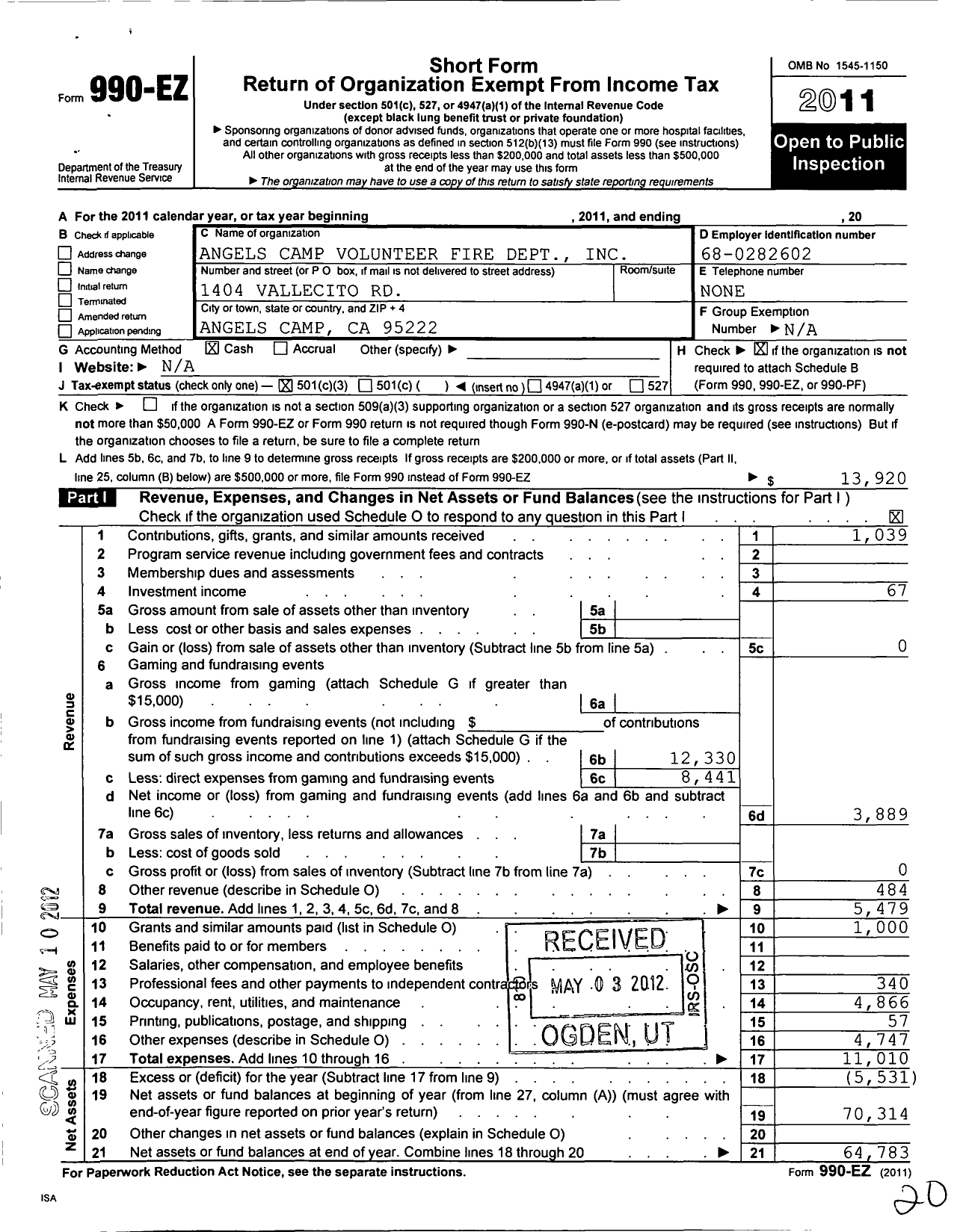 Image of first page of 2011 Form 990EZ for Angels Camp Volunteer Fire Dept