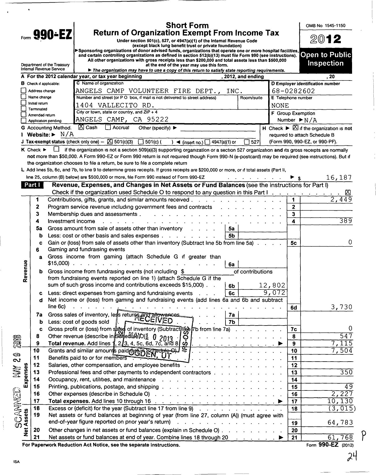 Image of first page of 2012 Form 990EZ for Angels Camp Volunteer Fire Dept