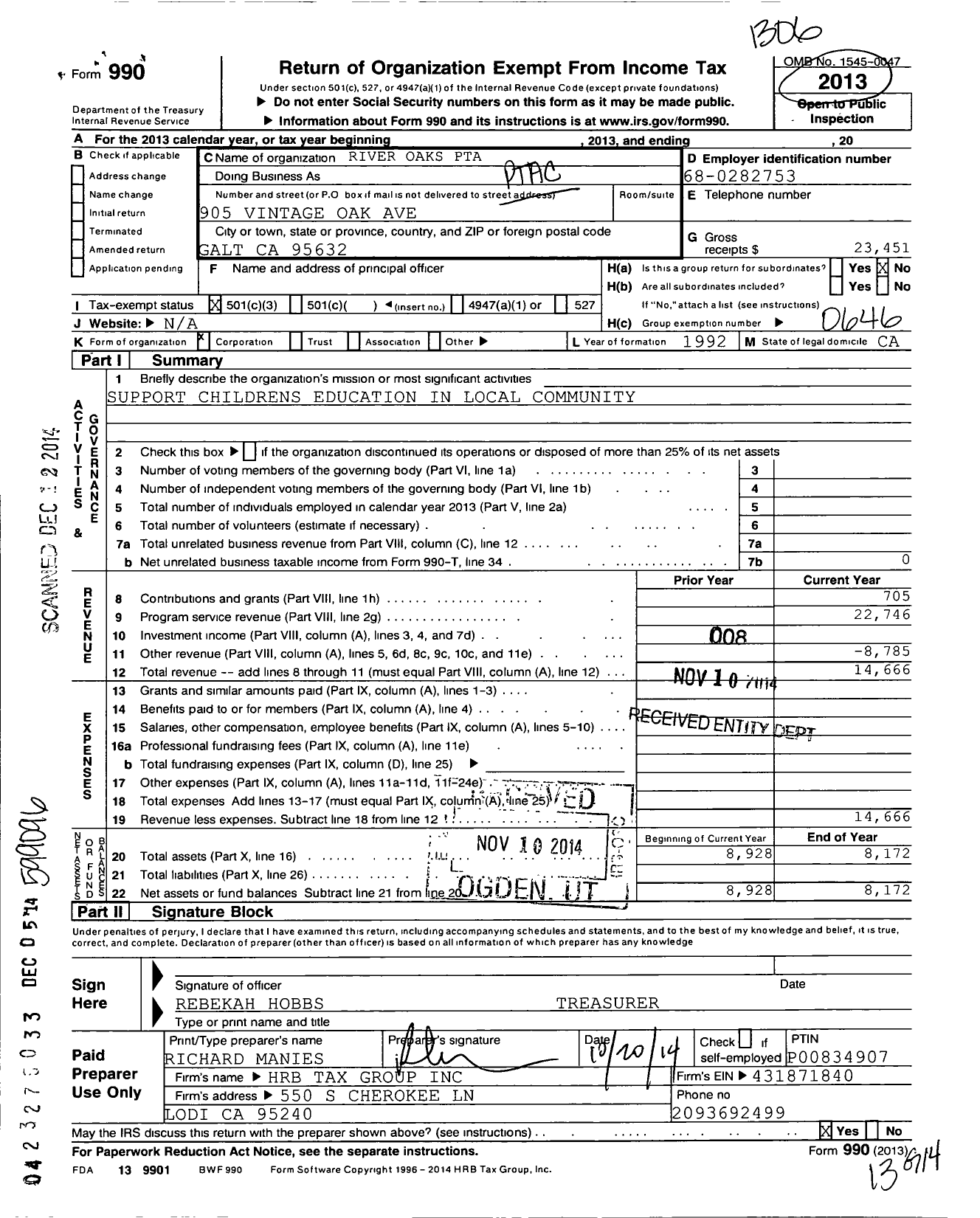 Image of first page of 2013 Form 990 for California State PTA - River Oaks Elementary PTA