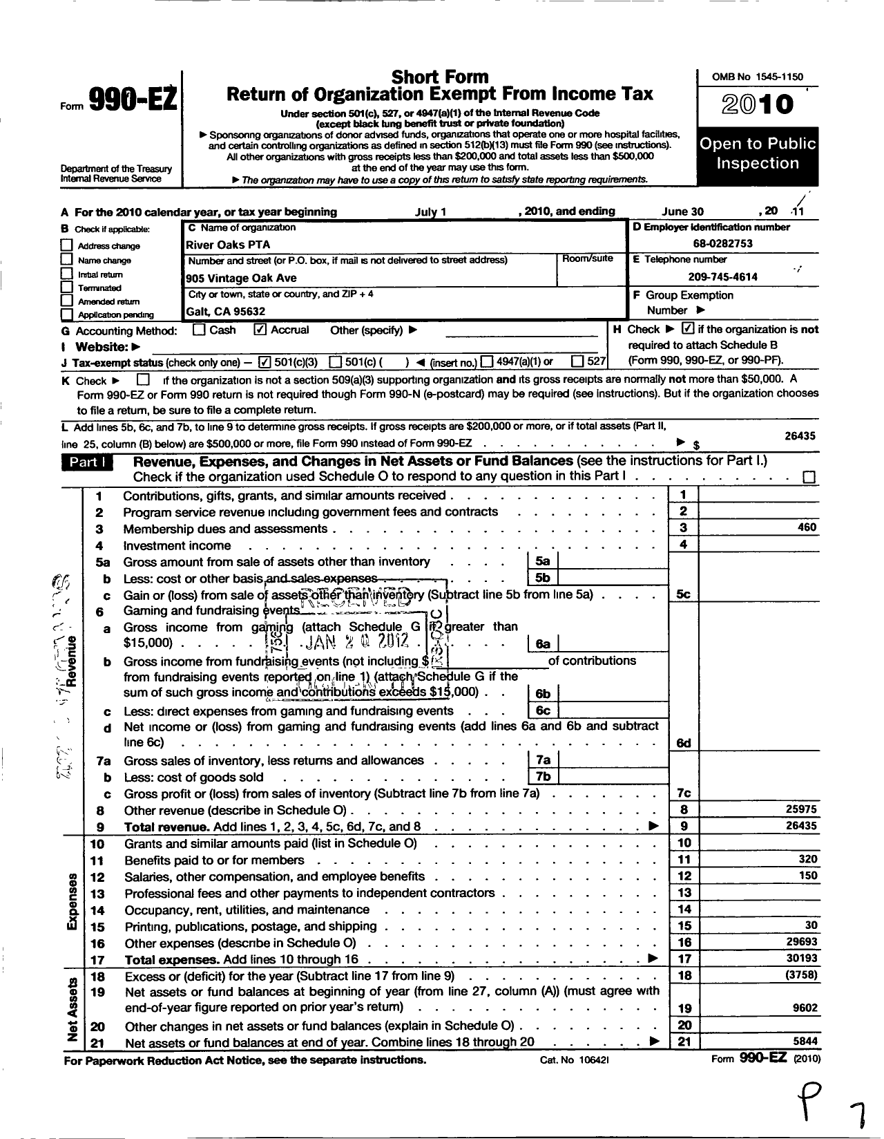 Image of first page of 2010 Form 990EZ for California State PTA - River Oaks Elementary PTA