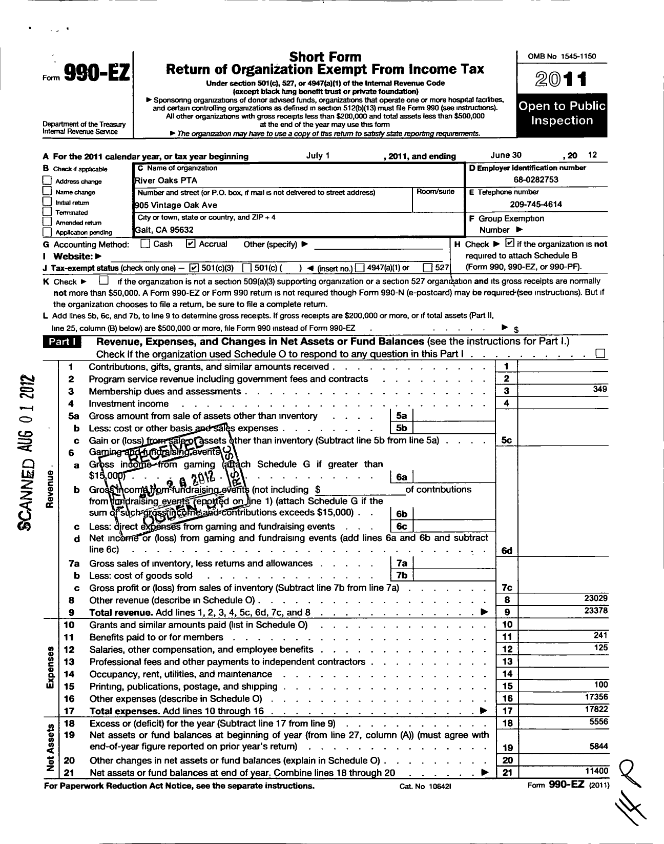 Image of first page of 2011 Form 990EZ for California State PTA - River Oaks Elementary PTA