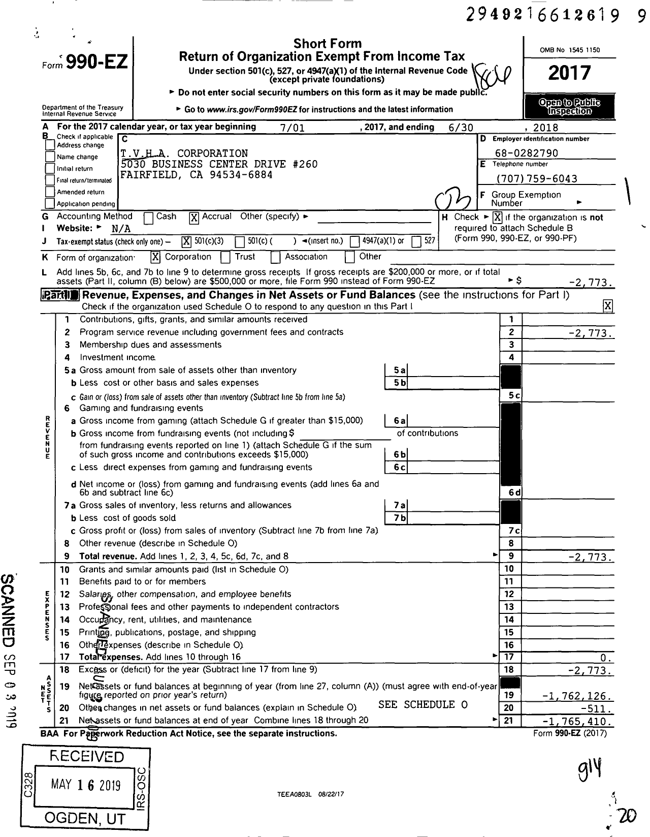 Image of first page of 2017 Form 990EZ for Tvha Corporation