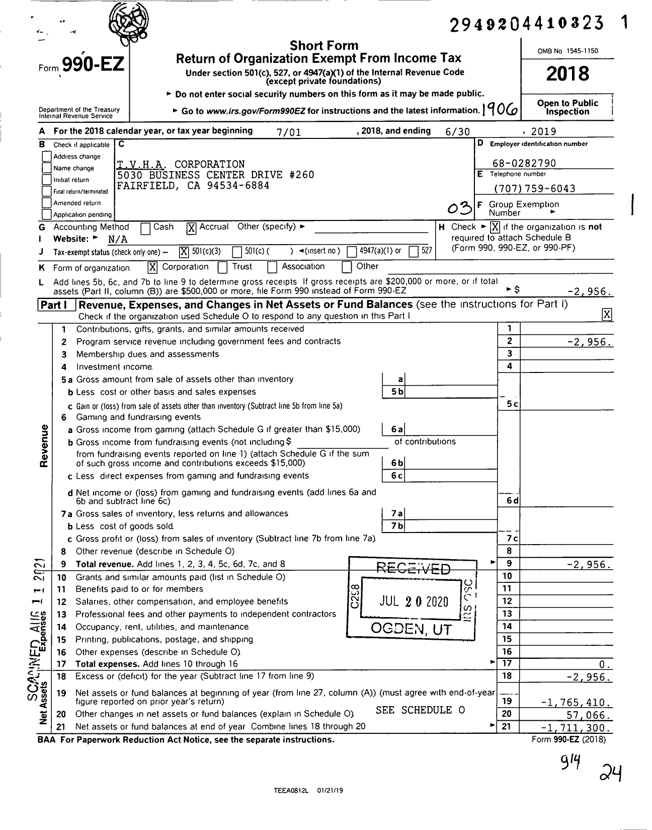 Image of first page of 2018 Form 990EZ for Tvha Corporation