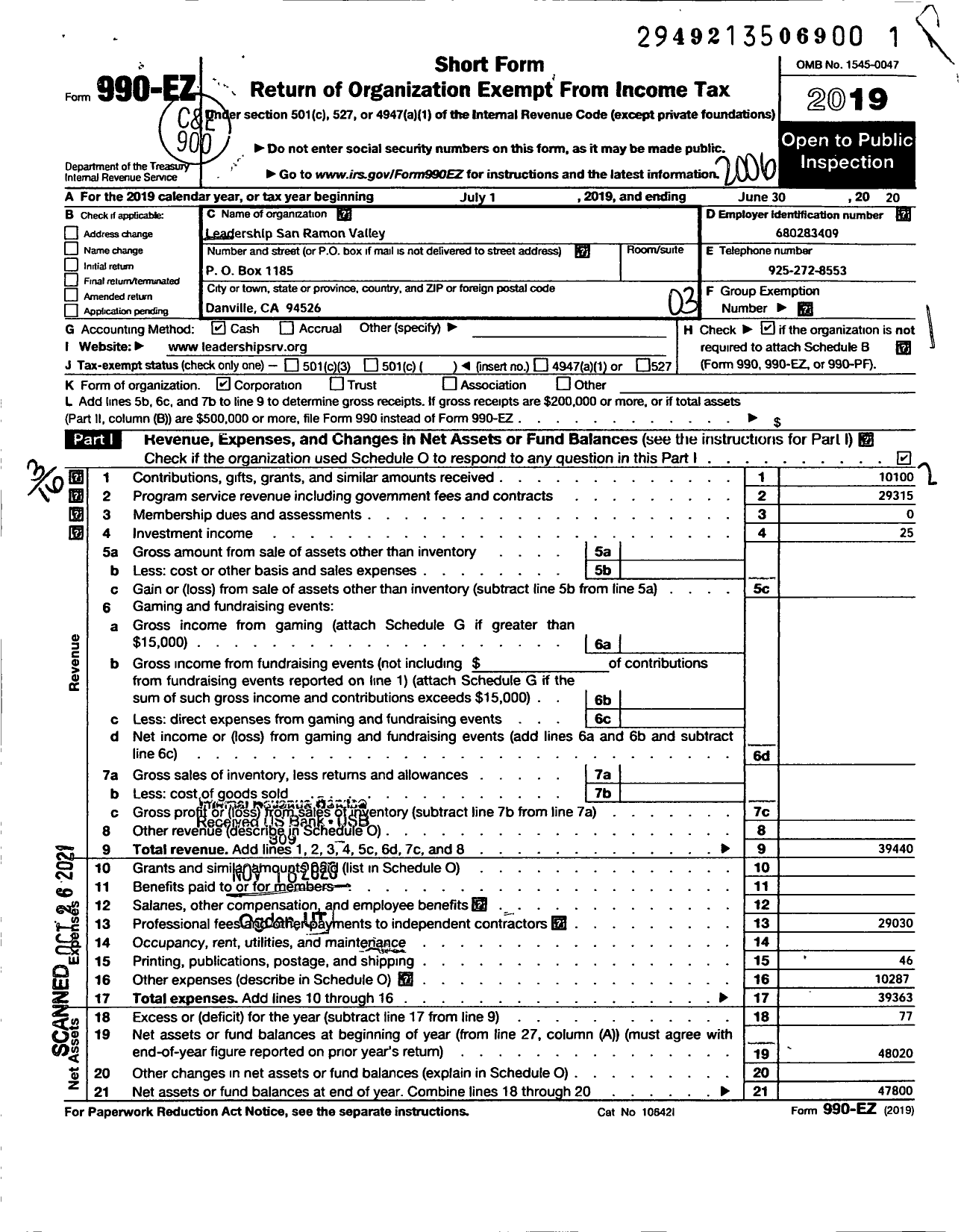 Image of first page of 2019 Form 990EZ for Leadership San Ramon Valley