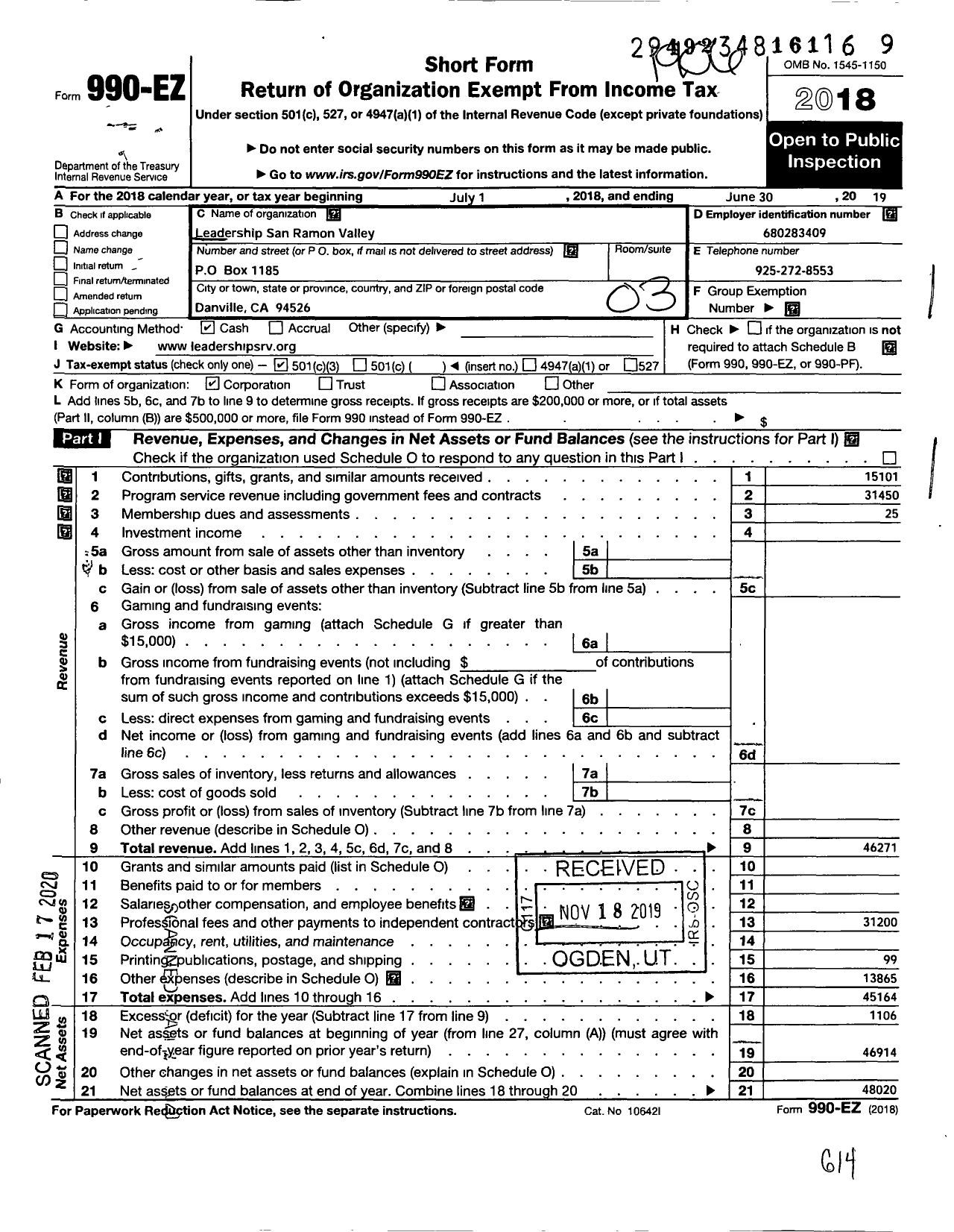 Image of first page of 2018 Form 990EZ for Leadership San Ramon Valley