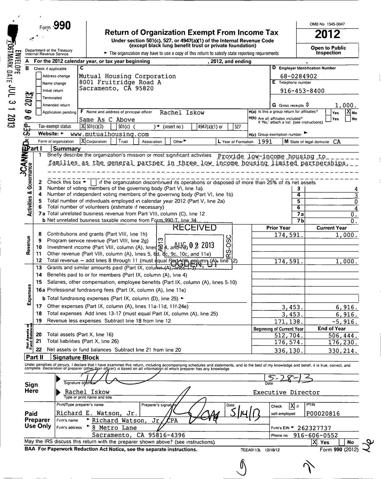 Image of first page of 2012 Form 990 for Mutual Housing Corporation