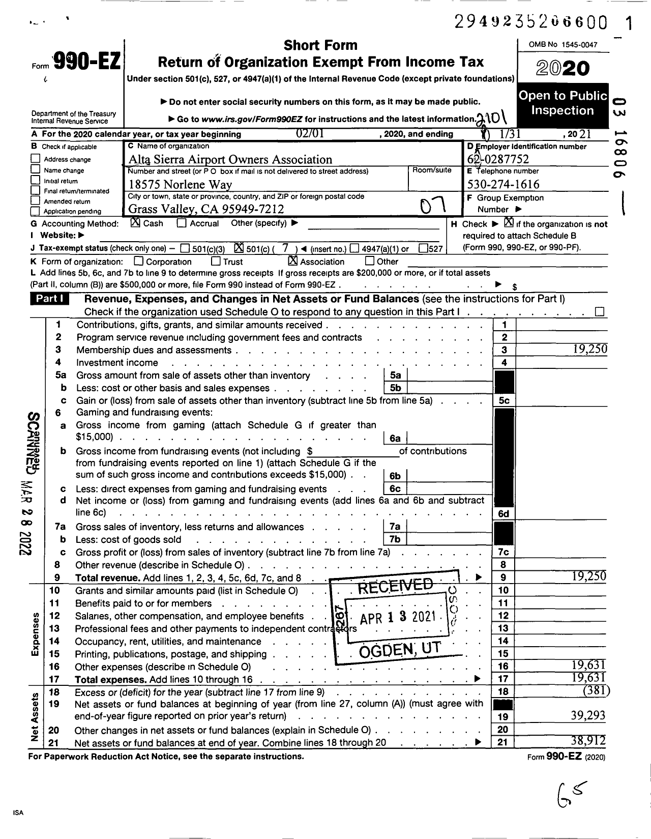 Image of first page of 2020 Form 990EO for Alta Sierra Airport Owners Association