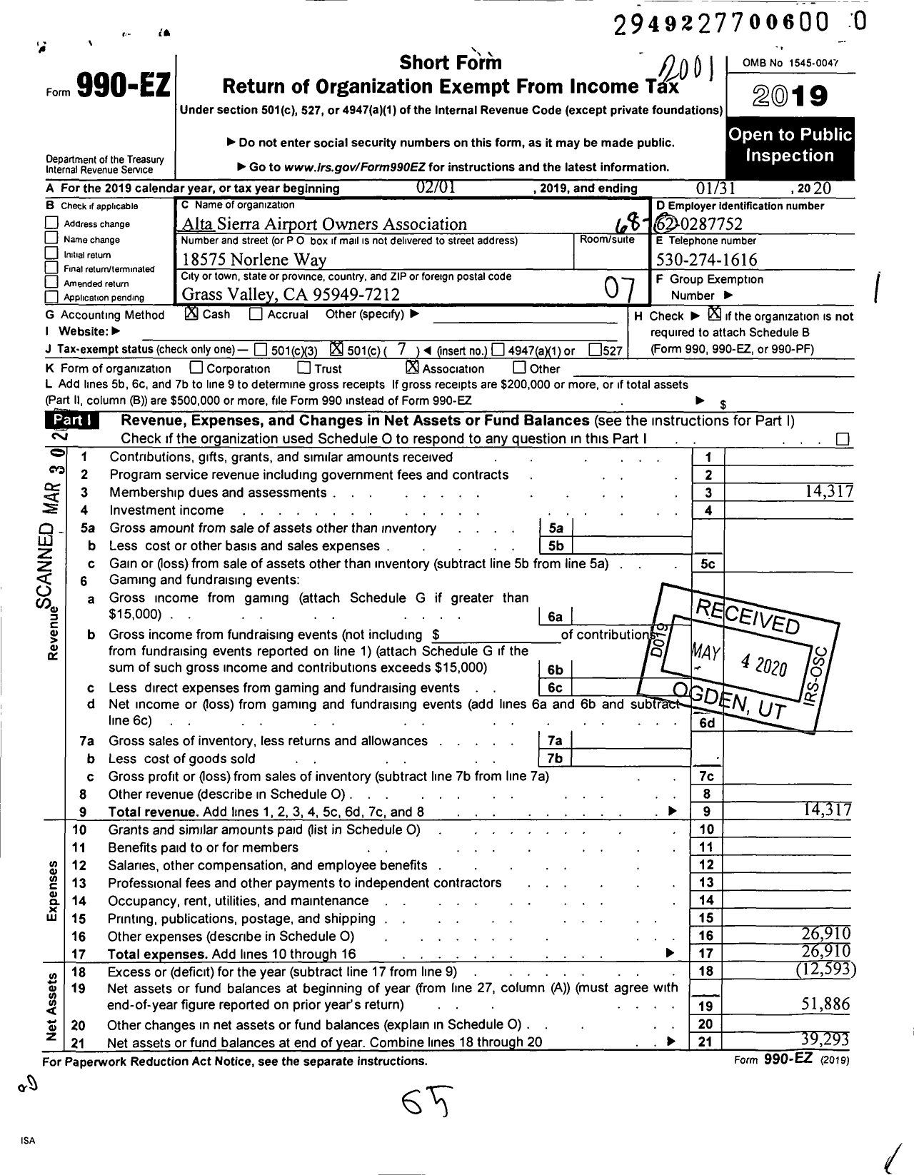 Image of first page of 2019 Form 990EO for Alta Sierra Airport Owners Association