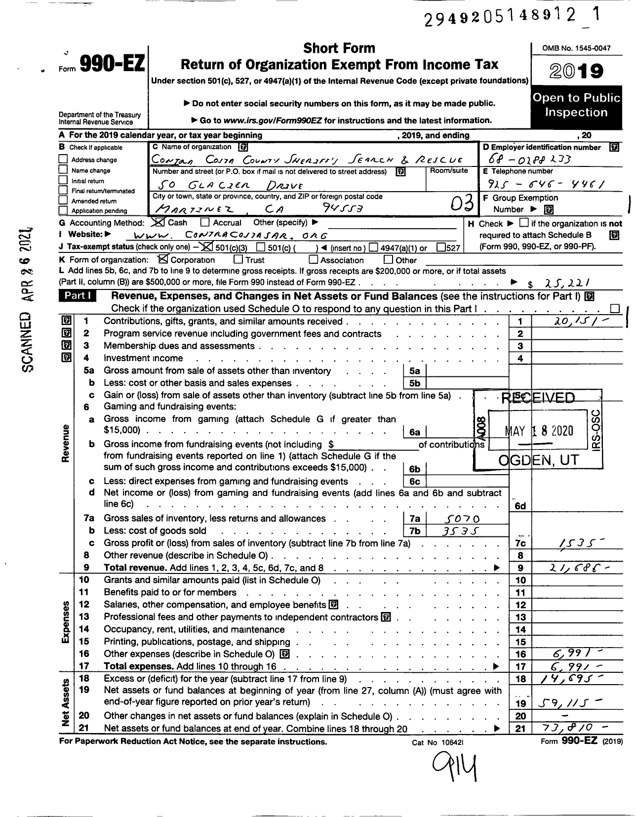 Image of first page of 2019 Form 990EZ for Contra Costa County Sheriffs Search and Rescue