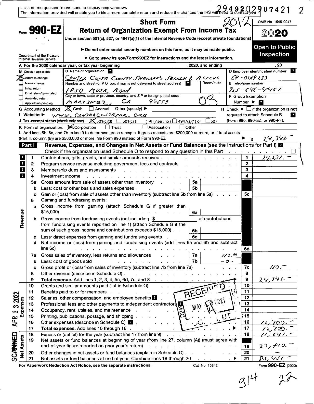 Image of first page of 2020 Form 990EZ for Contra Costa County Sheriffs Search and Rescue