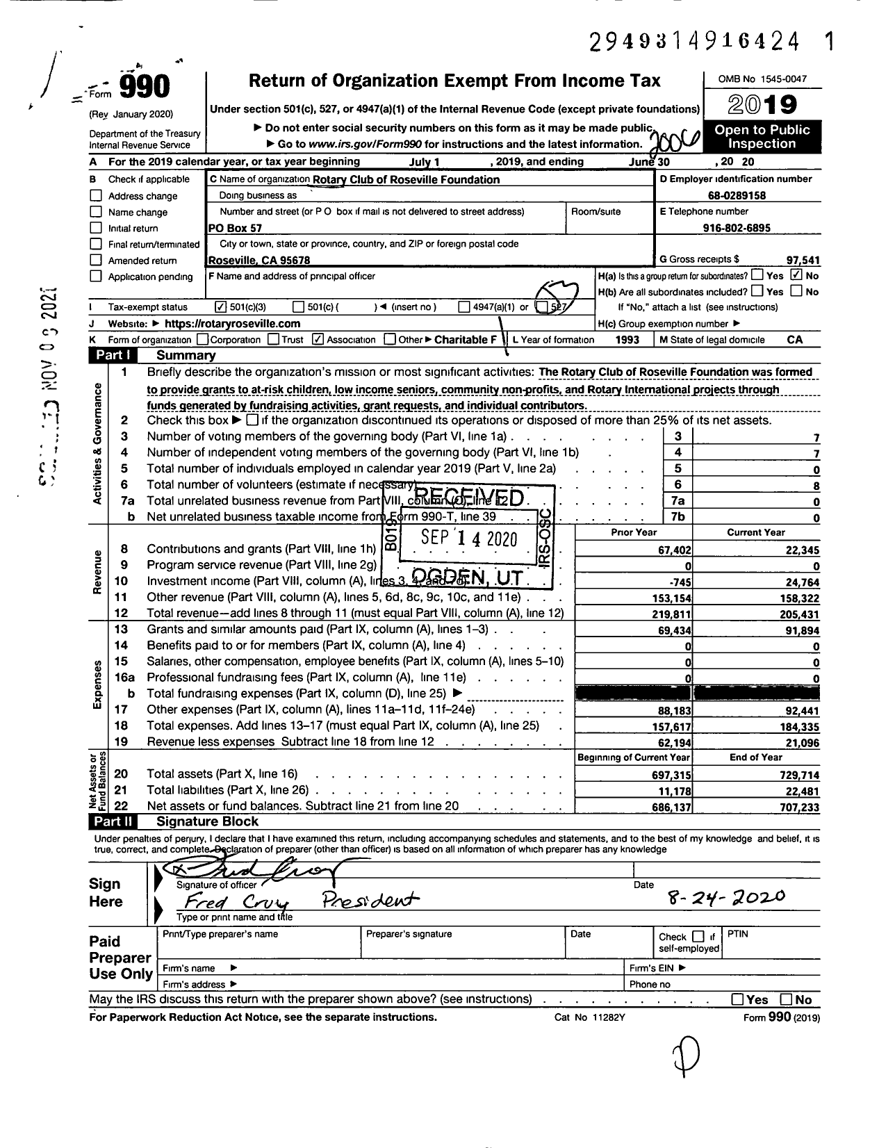 Image of first page of 2019 Form 990 for Rotary Club of Roseville Foundation