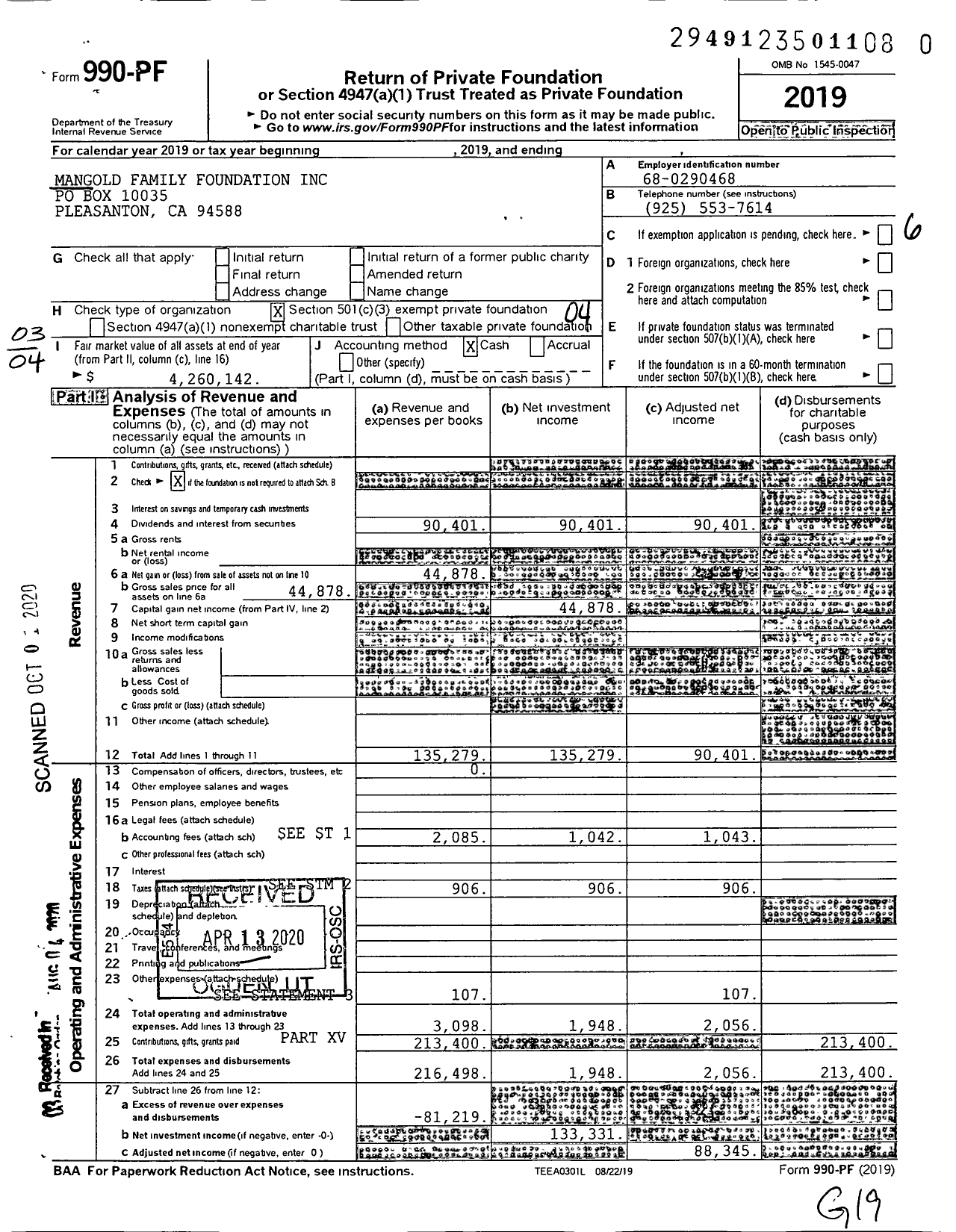 Image of first page of 2019 Form 990PR for Mangold Family Foundation