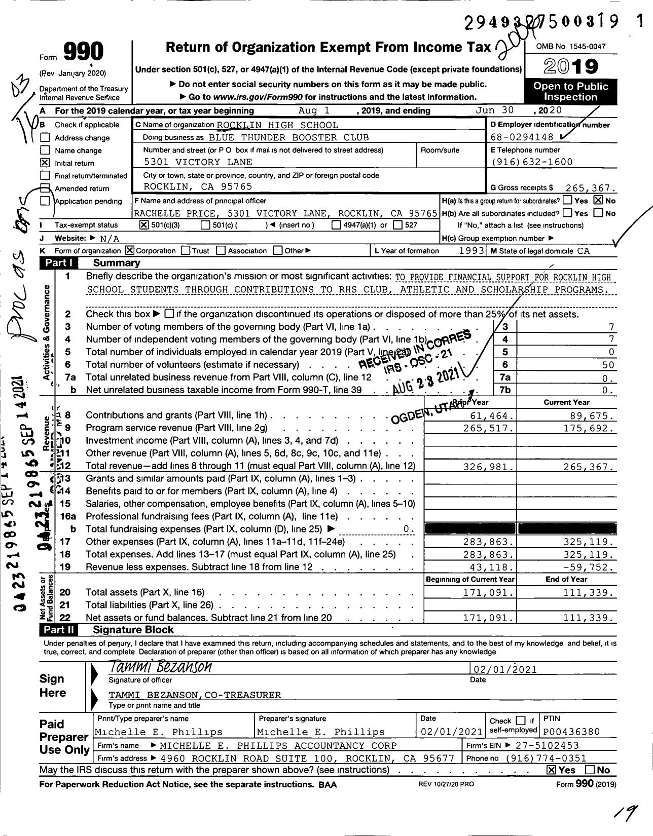 Image of first page of 2019 Form 990 for Rocklin High School Blue Thunder Booster Club