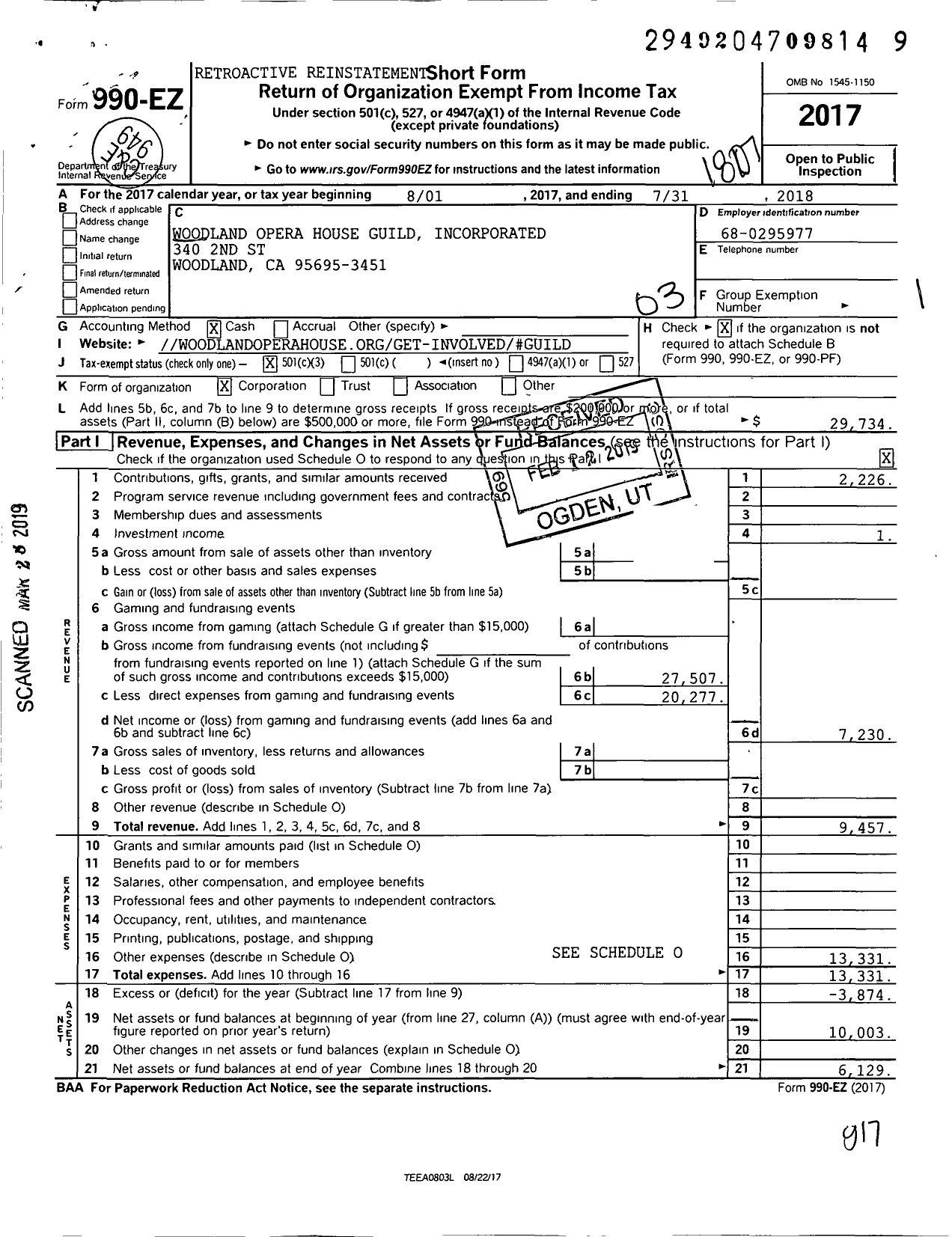 Image of first page of 2017 Form 990EZ for Woodland Opera House Guild