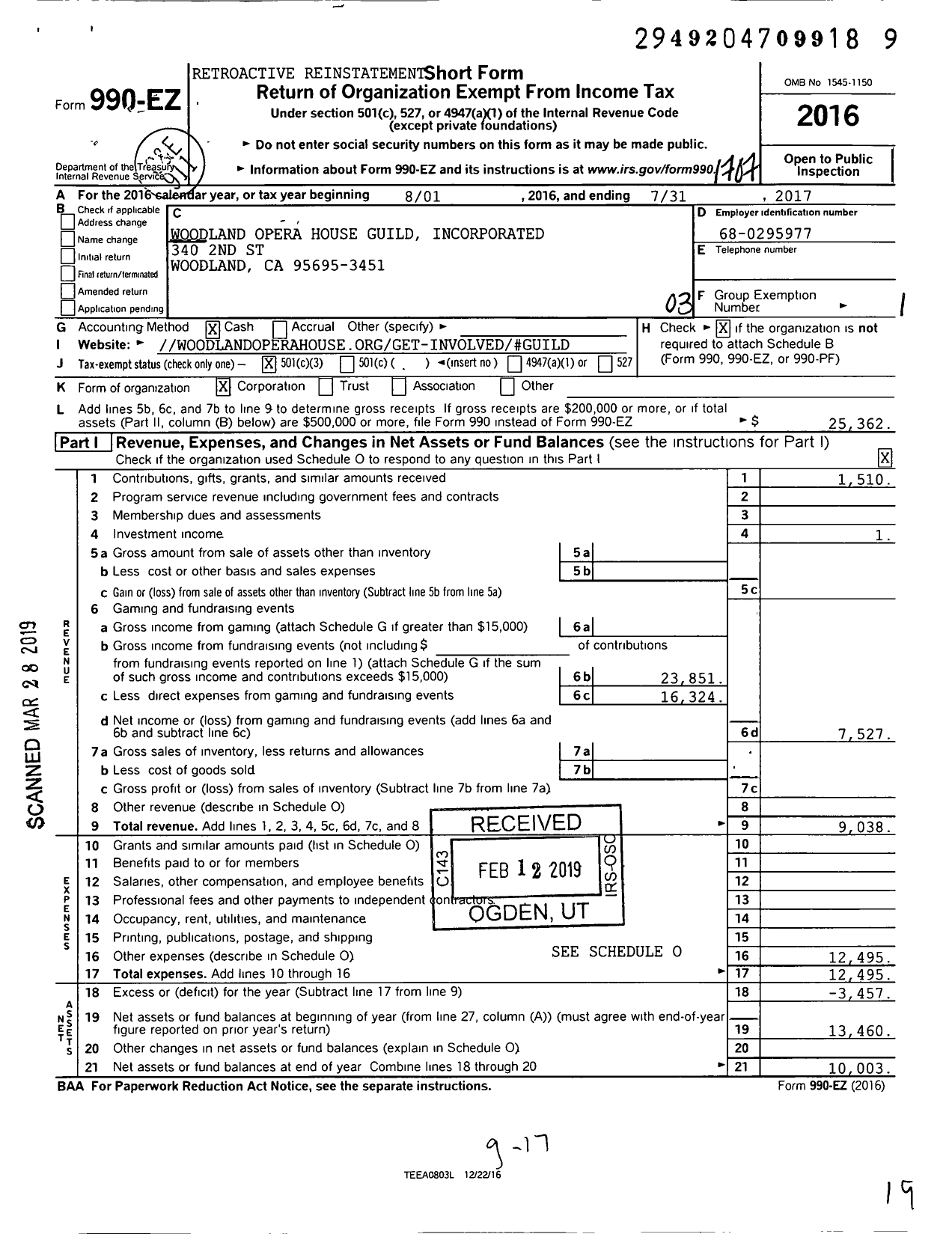 Image of first page of 2016 Form 990EZ for Woodland Opera House Guild