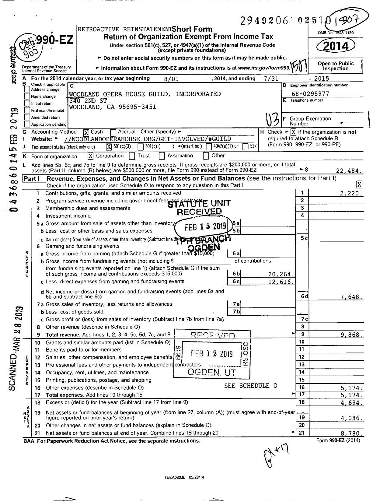 Image of first page of 2014 Form 990EZ for Woodland Opera House Guild