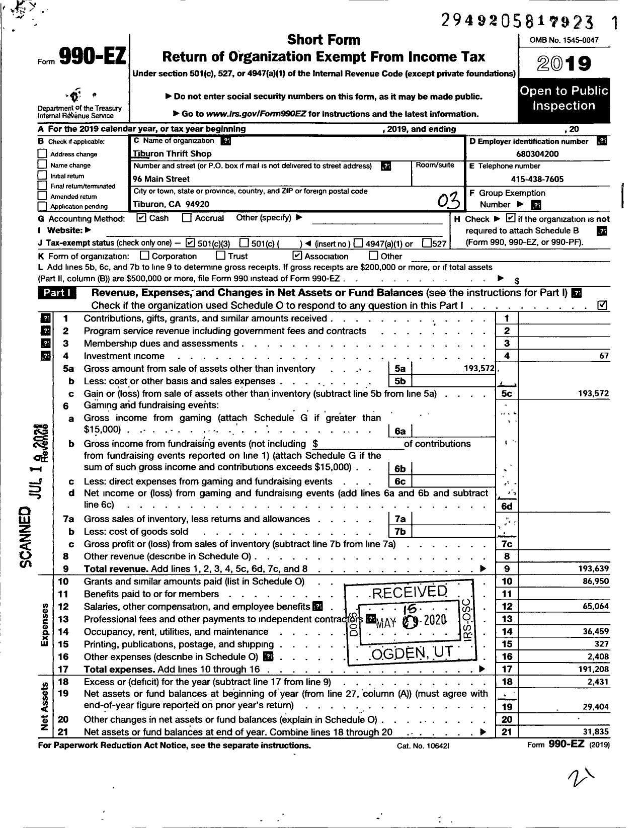 Image of first page of 2019 Form 990EZ for Tiburon Thrift Shop