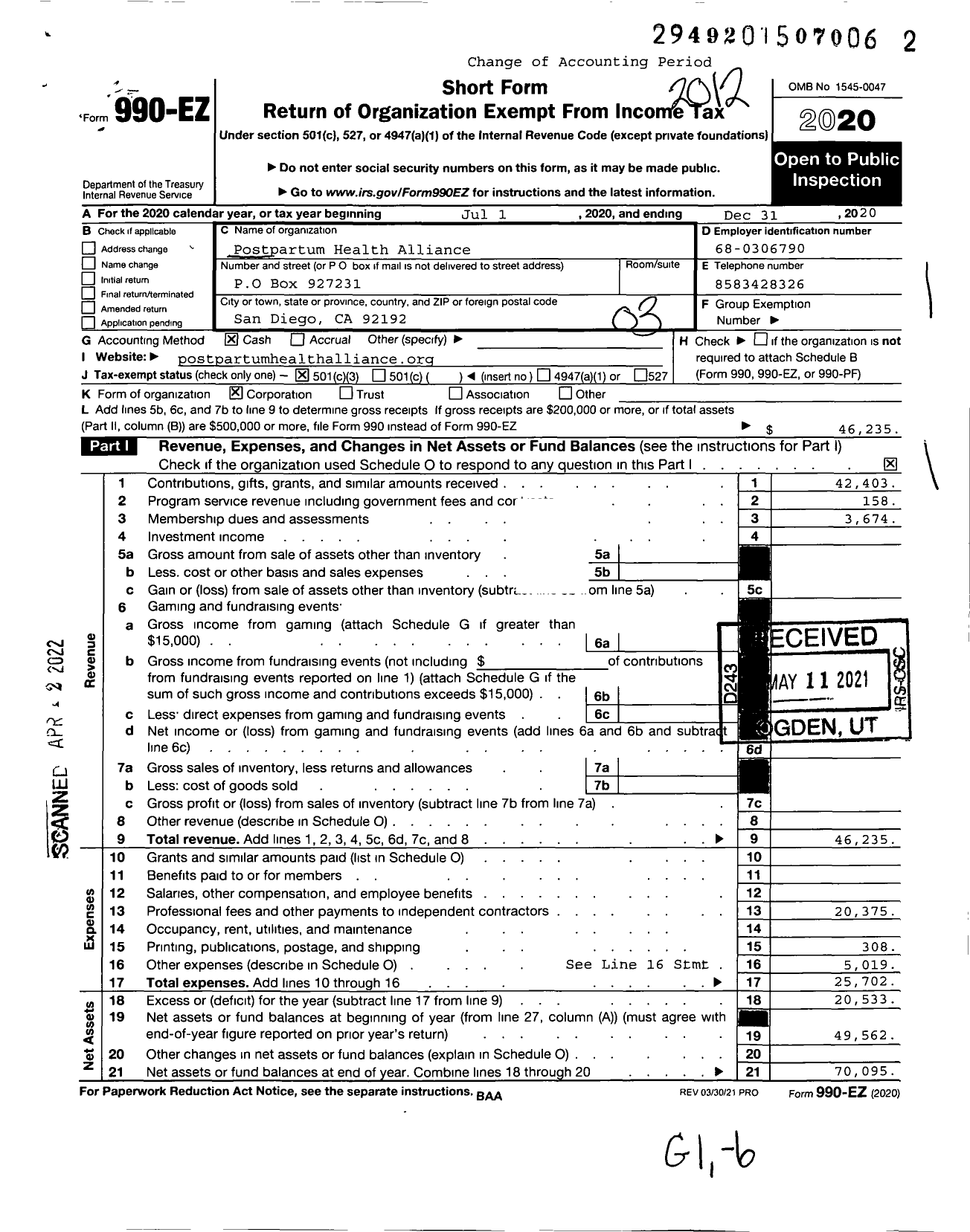 Image of first page of 2020 Form 990EZ for Postpartum Health Alliance