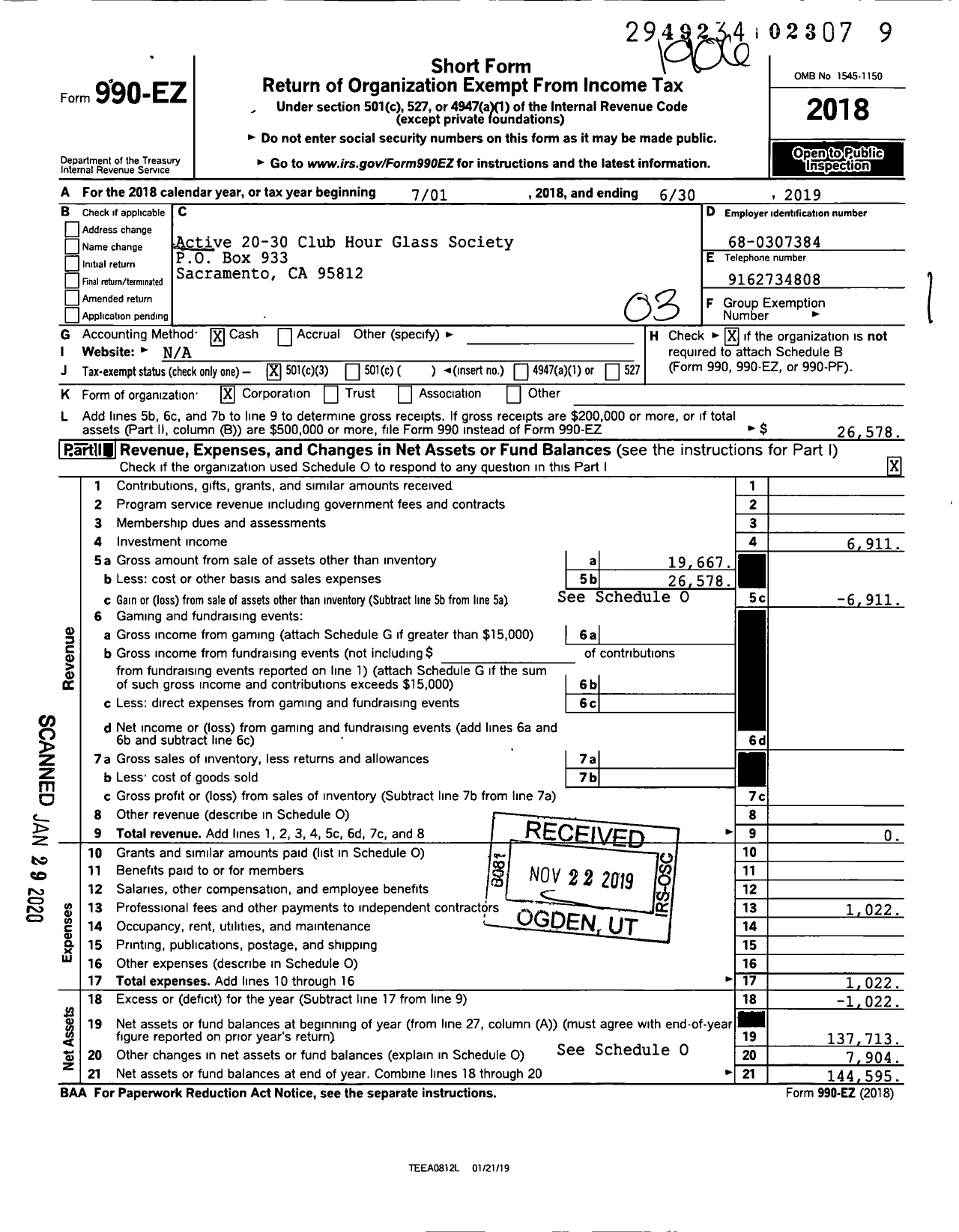 Image of first page of 2018 Form 990EZ for Hour Glass Society