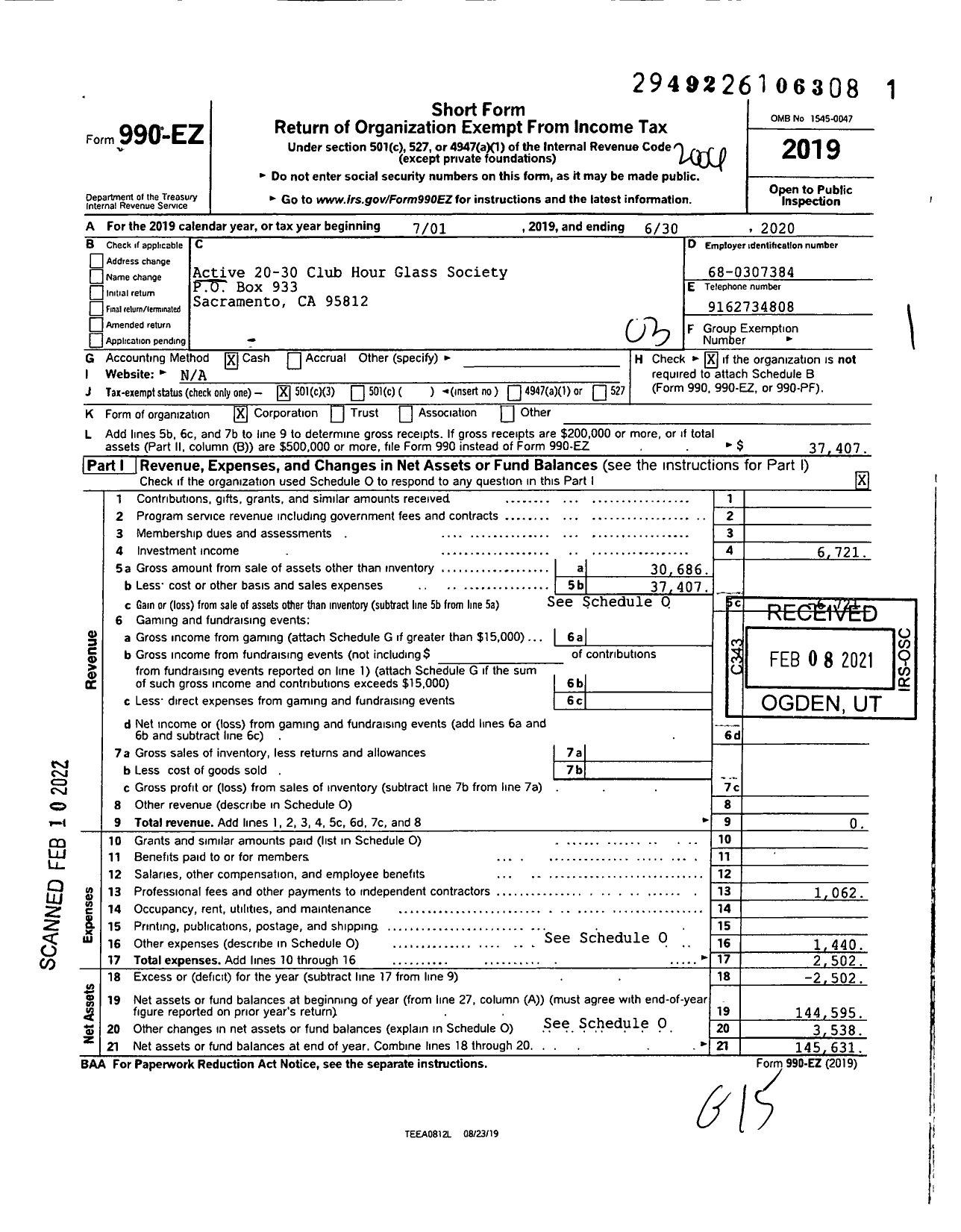 Image of first page of 2019 Form 990EZ for Hour Glass Society