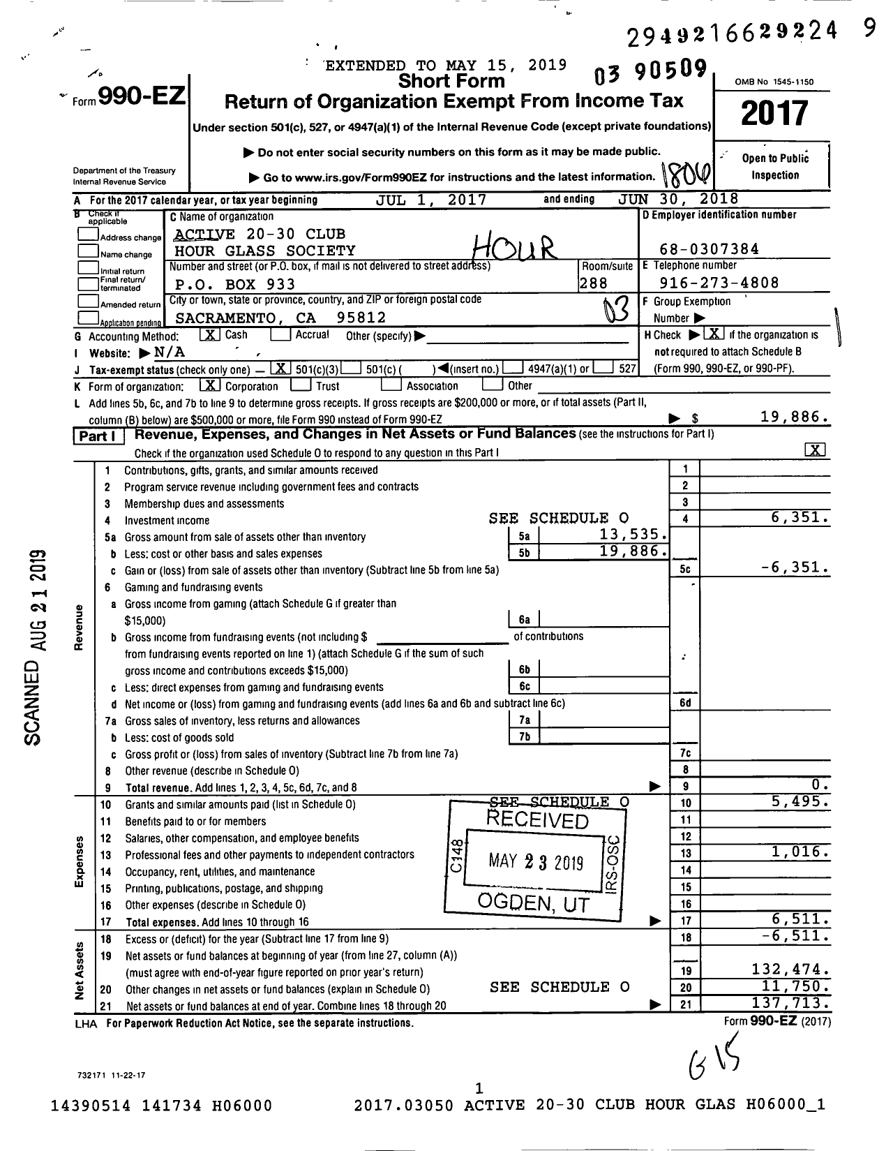 Image of first page of 2017 Form 990EZ for Hour Glass Society