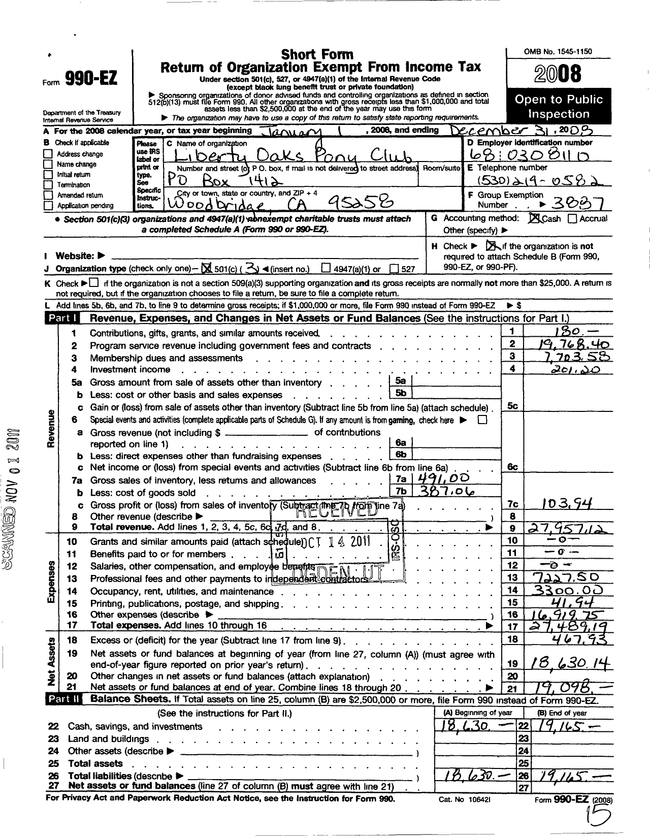 Image of first page of 2008 Form 990EZ for The United States Pony Clubs / Liberty Oaks Pony Club