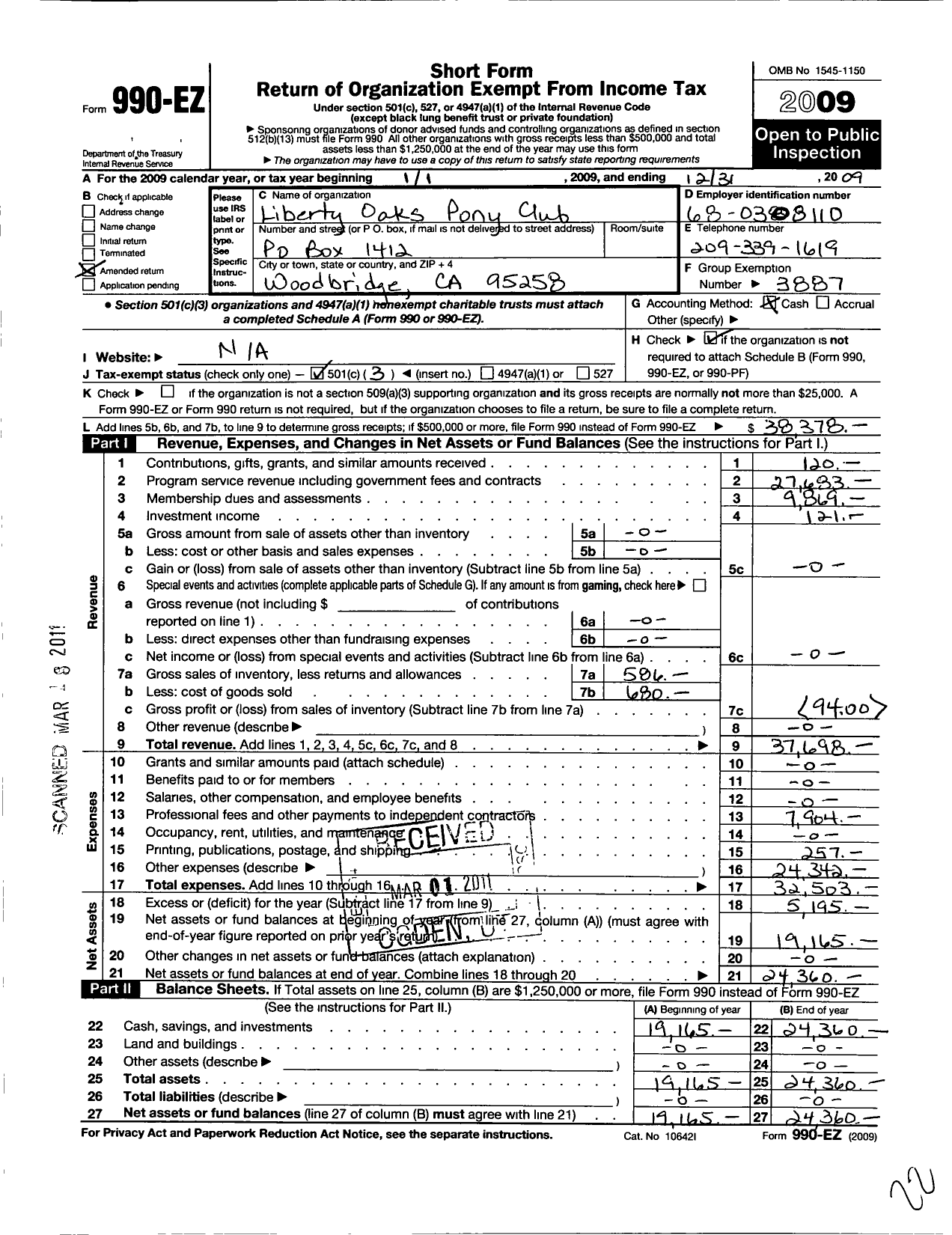 Image of first page of 2009 Form 990EZ for The United States Pony Clubs / Liberty Oaks Pony Club