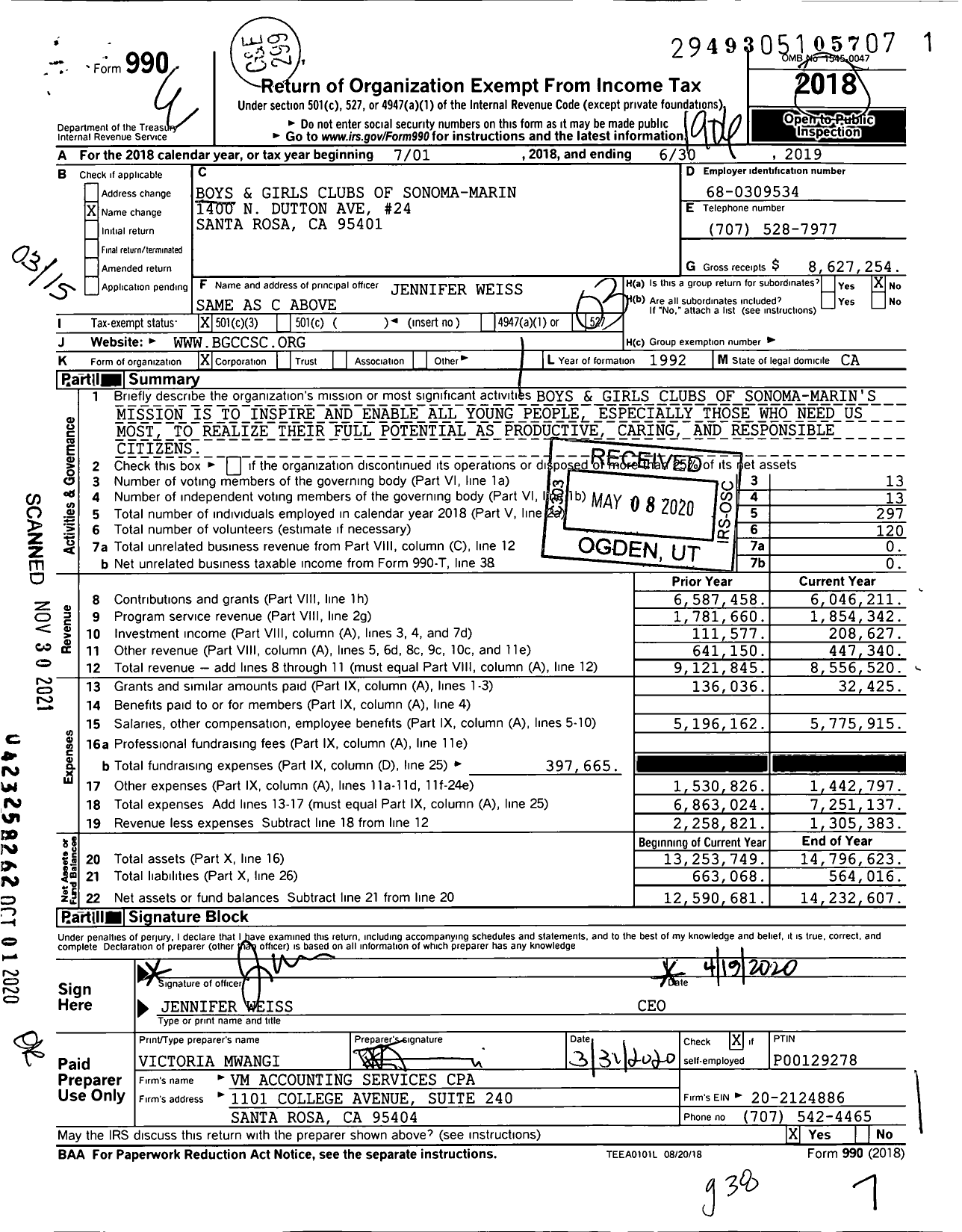 Image of first page of 2018 Form 990 for Boys and Girls Clubs of Sonoma-Marin