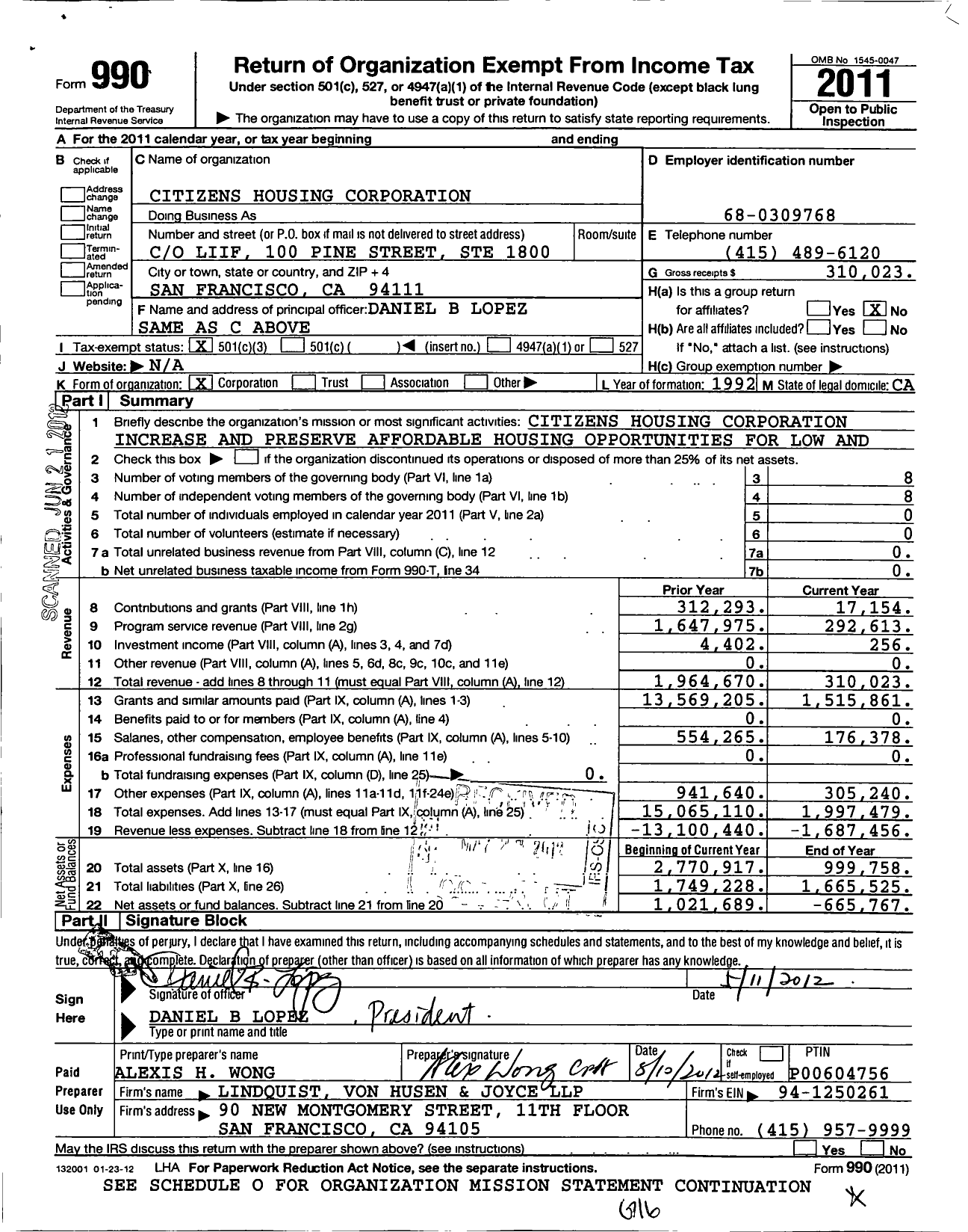 Image of first page of 2011 Form 990 for Citizens Housing Corporation