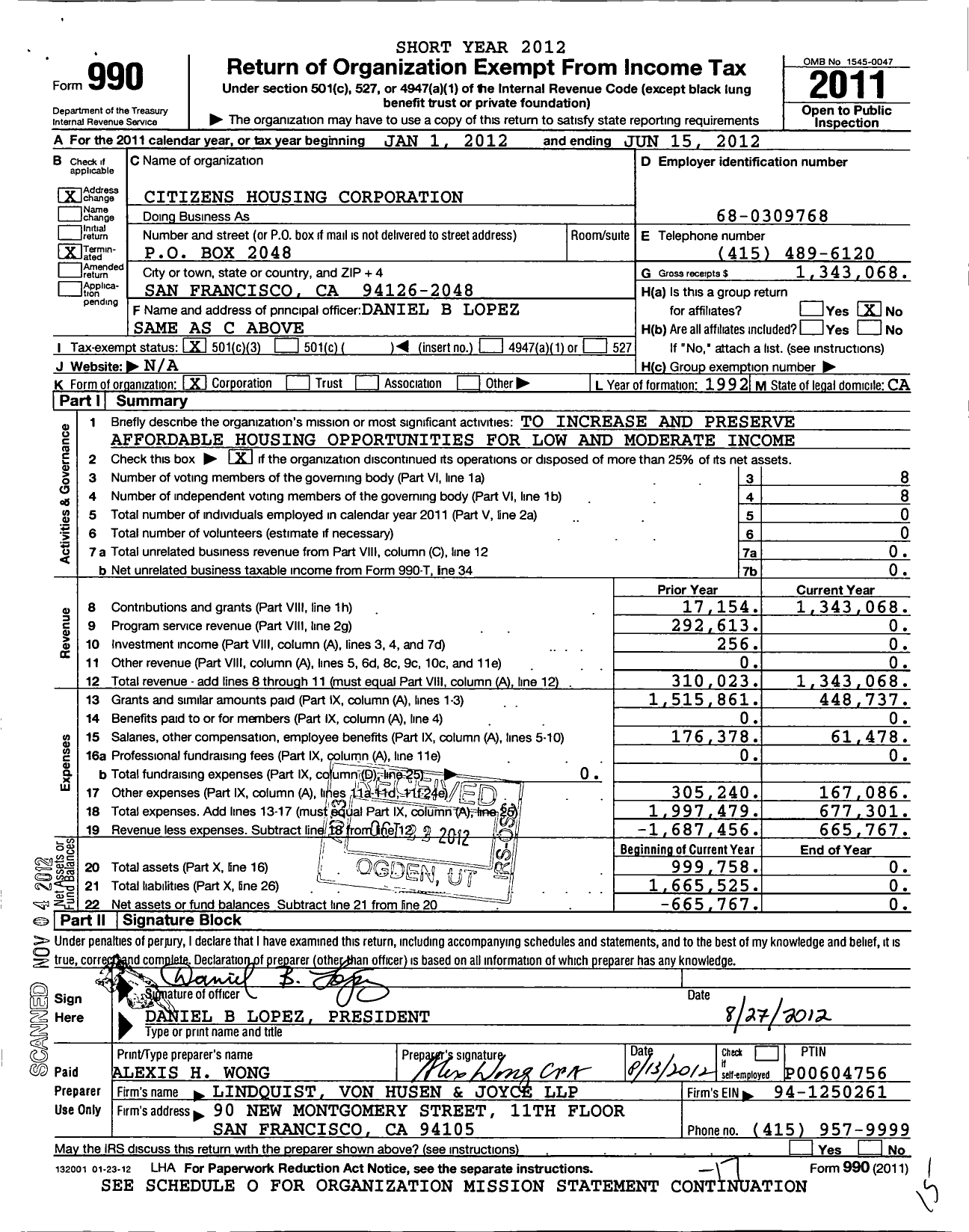 Image of first page of 2011 Form 990 for Citizens Housing Corporation