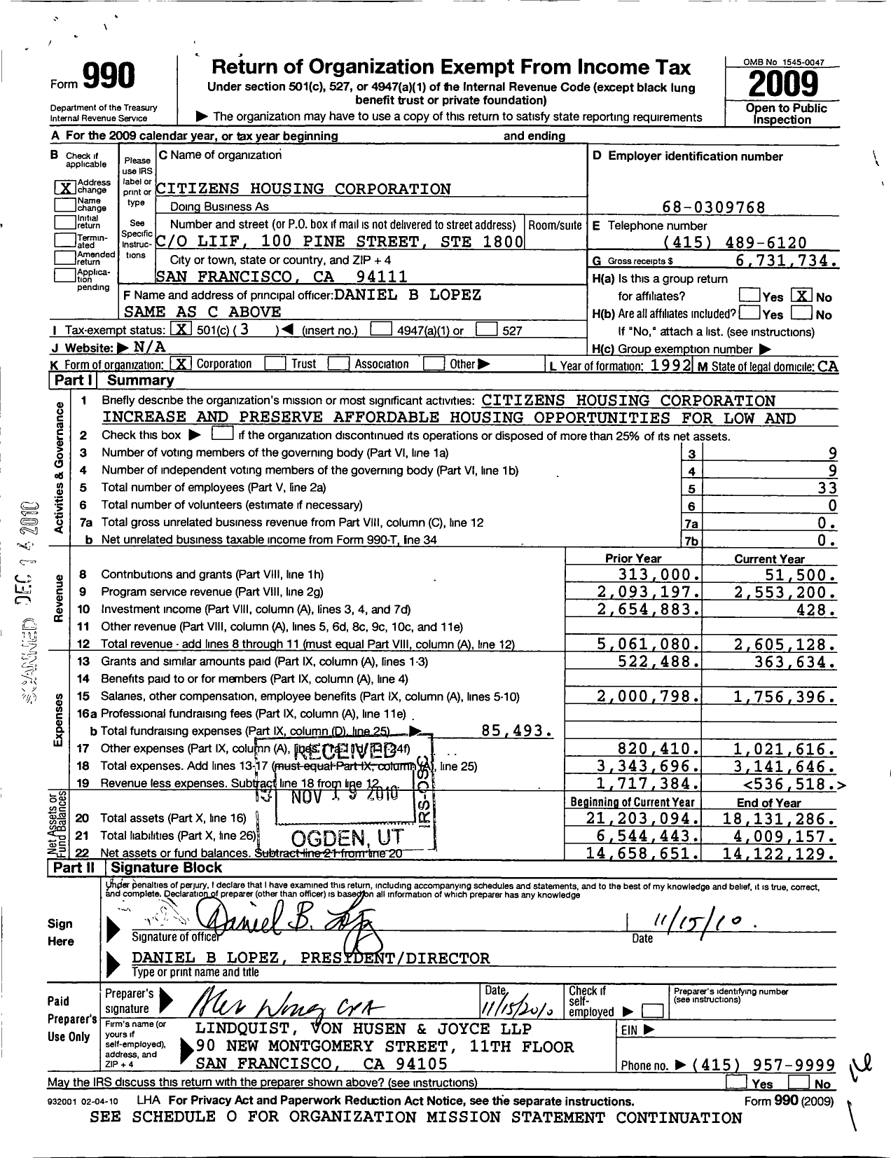 Image of first page of 2009 Form 990 for Citizens Housing Corporation