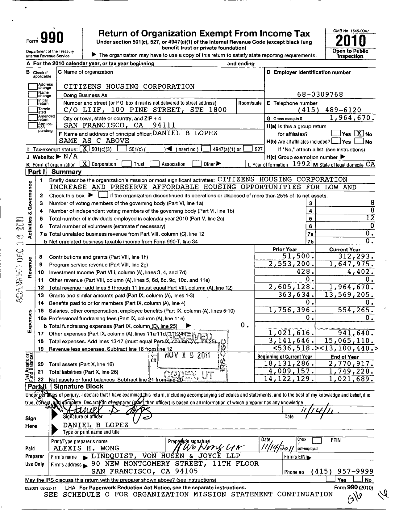 Image of first page of 2010 Form 990 for Citizens Housing Corporation