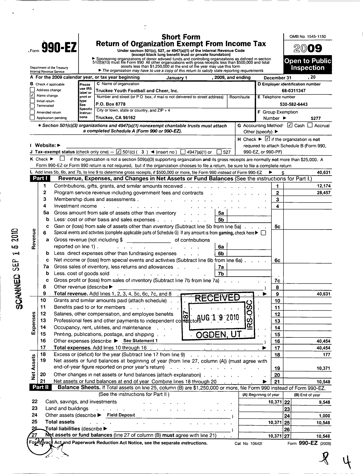 Image of first page of 2009 Form 990EZ for Pop Warner Little Scholars / Truckee Pop Warner