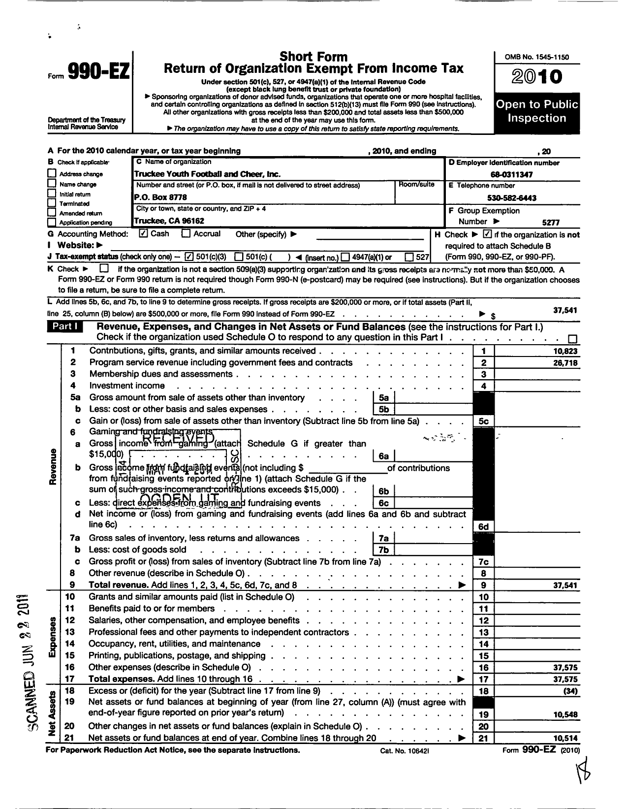 Image of first page of 2010 Form 990EZ for Pop Warner Little Scholars / Truckee Pop Warner