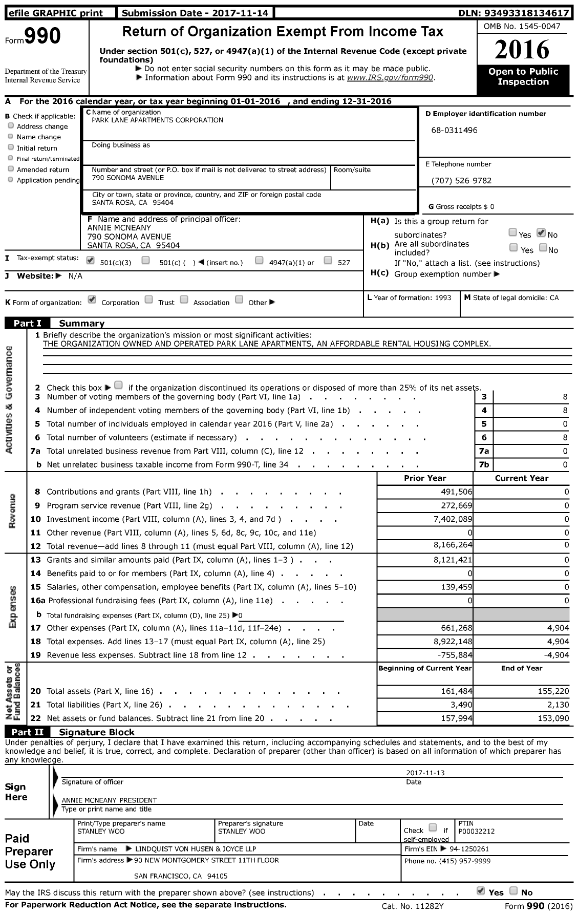 Image of first page of 2016 Form 990 for Park Lane Apartments Corporation