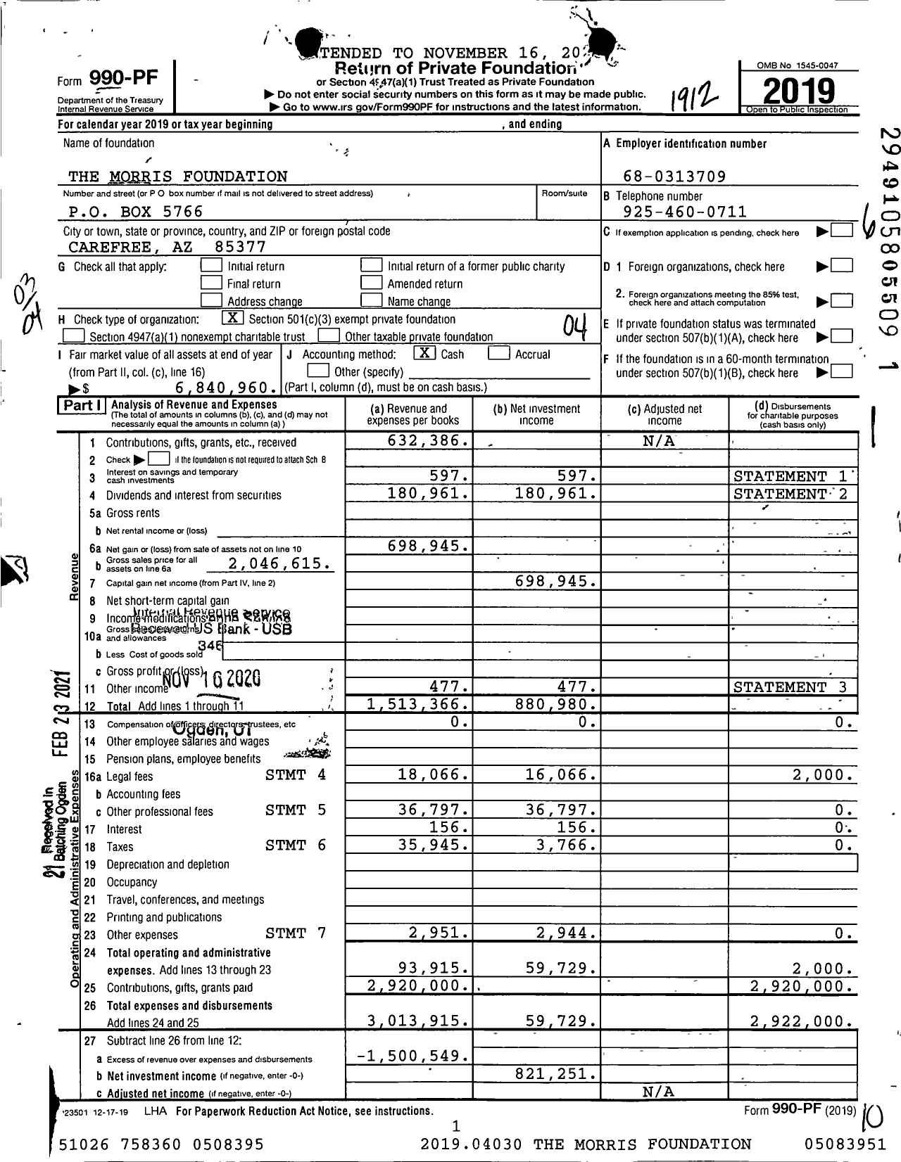 Image of first page of 2019 Form 990PF for The Morris Foundation