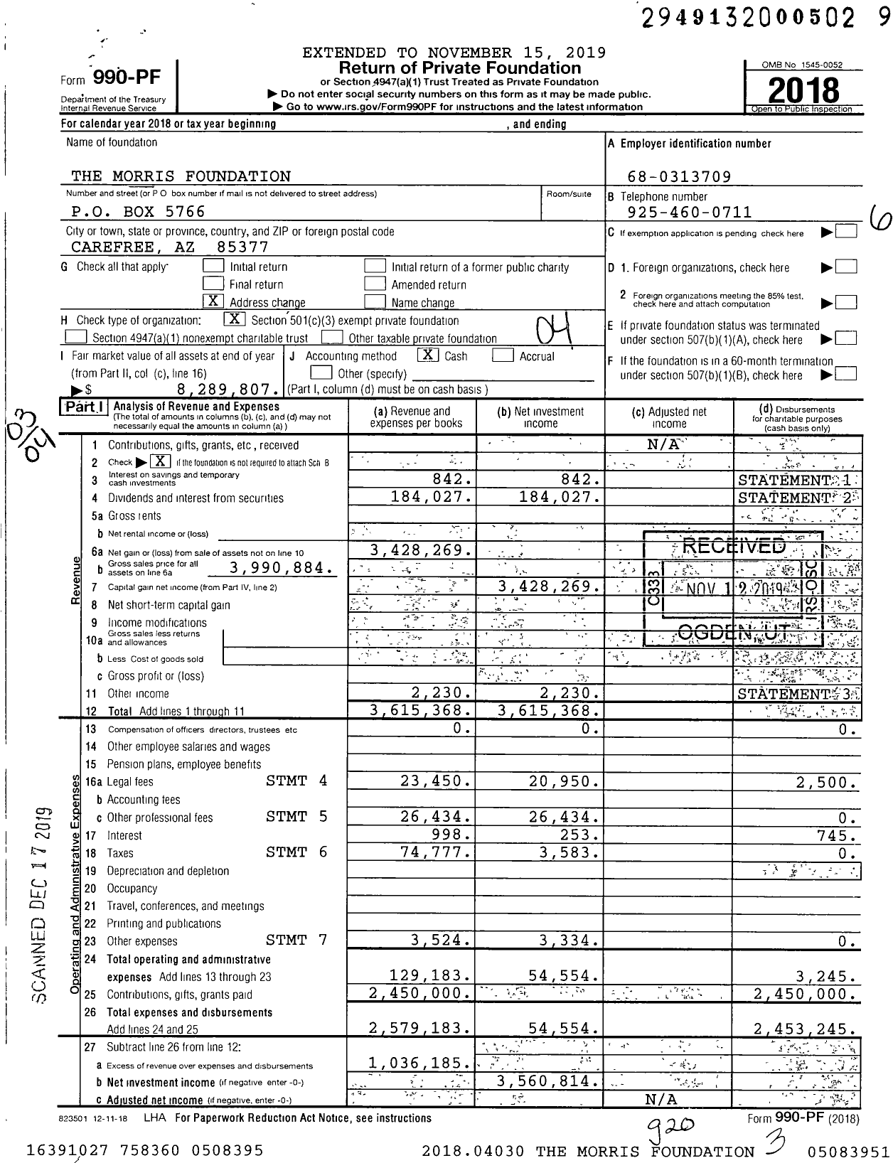 Image of first page of 2018 Form 990PF for The Morris Foundation