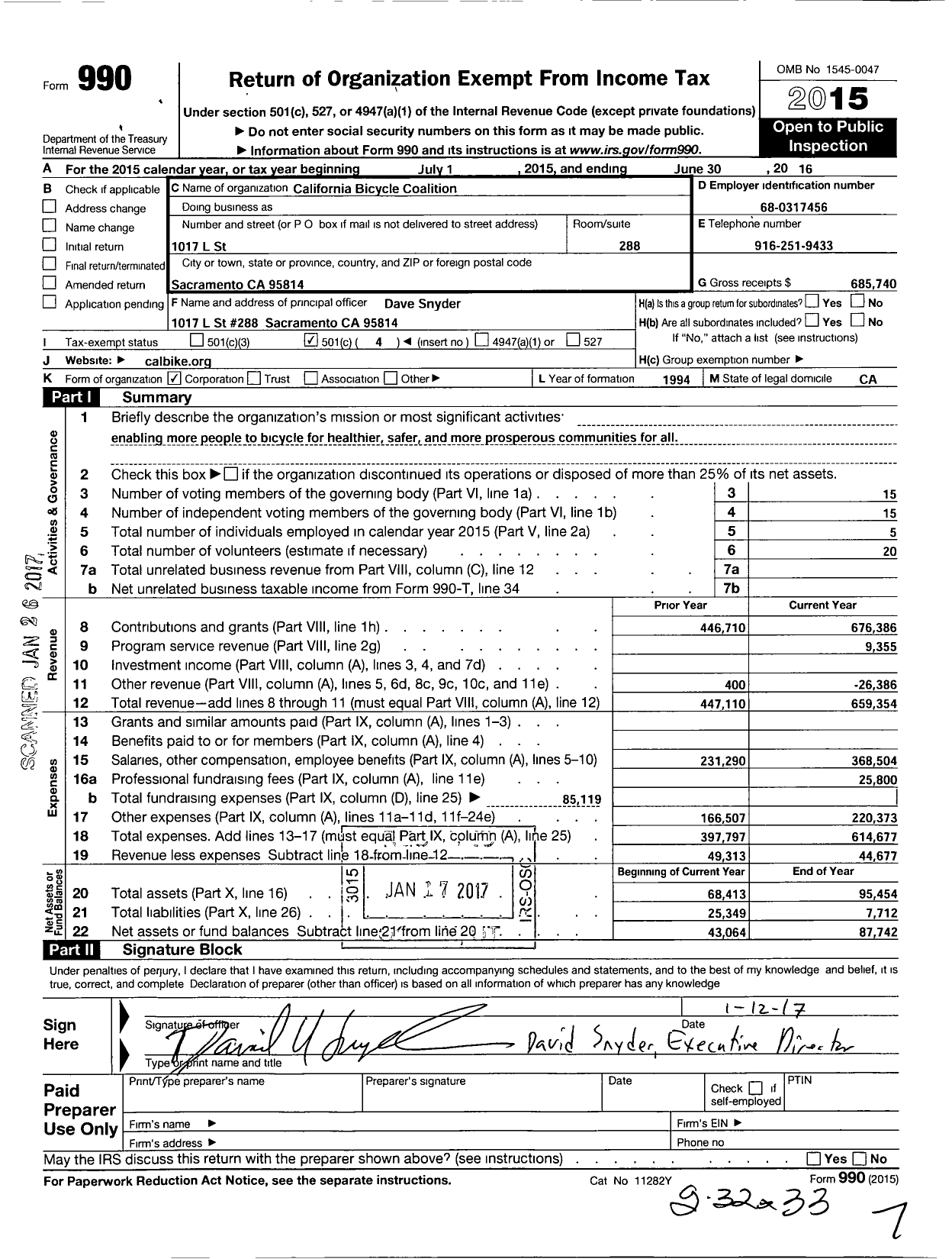 Image of first page of 2015 Form 990O for California Bicycle Coalition