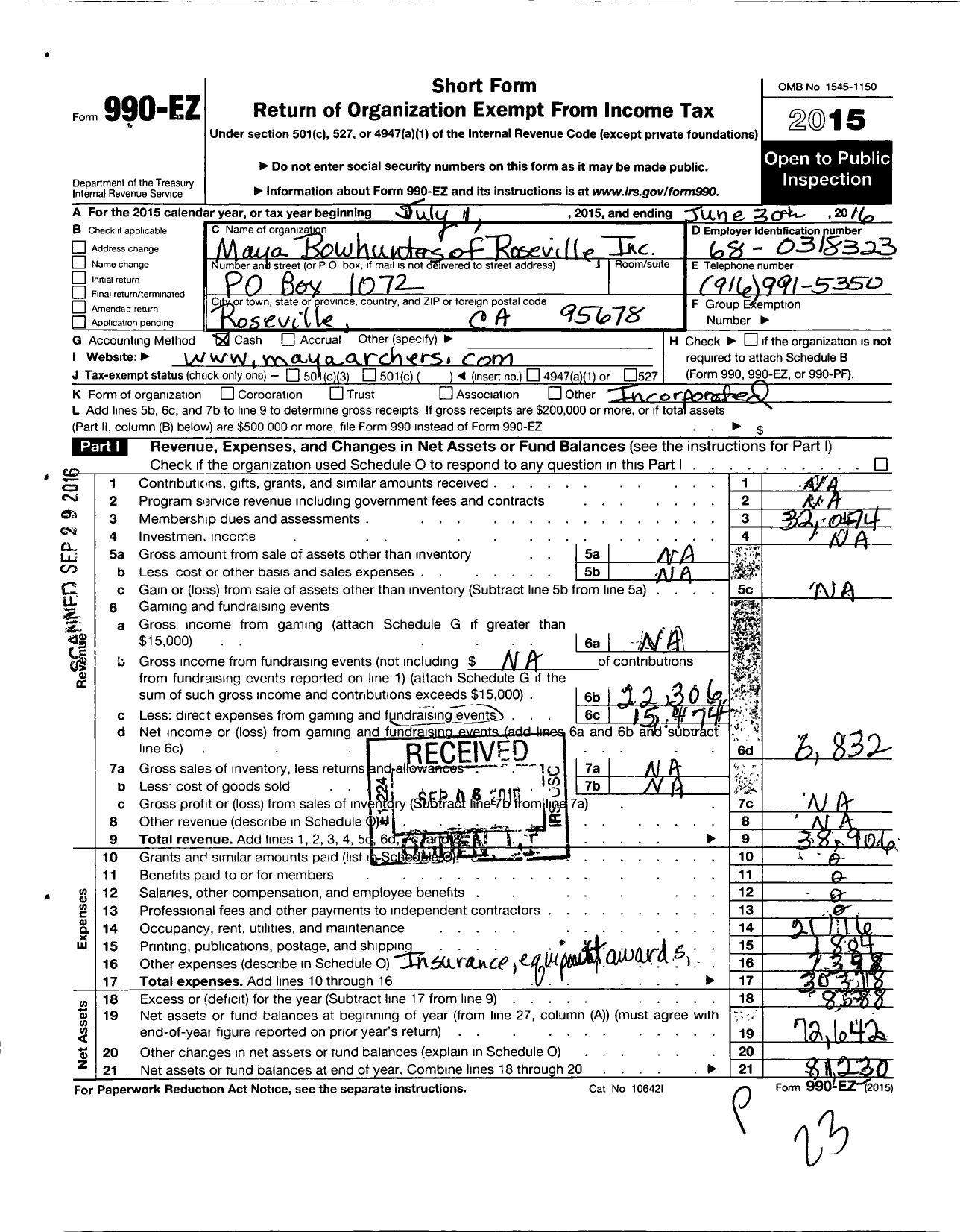 Image of first page of 2015 Form 990EO for Maya Bowhunters of Roseville